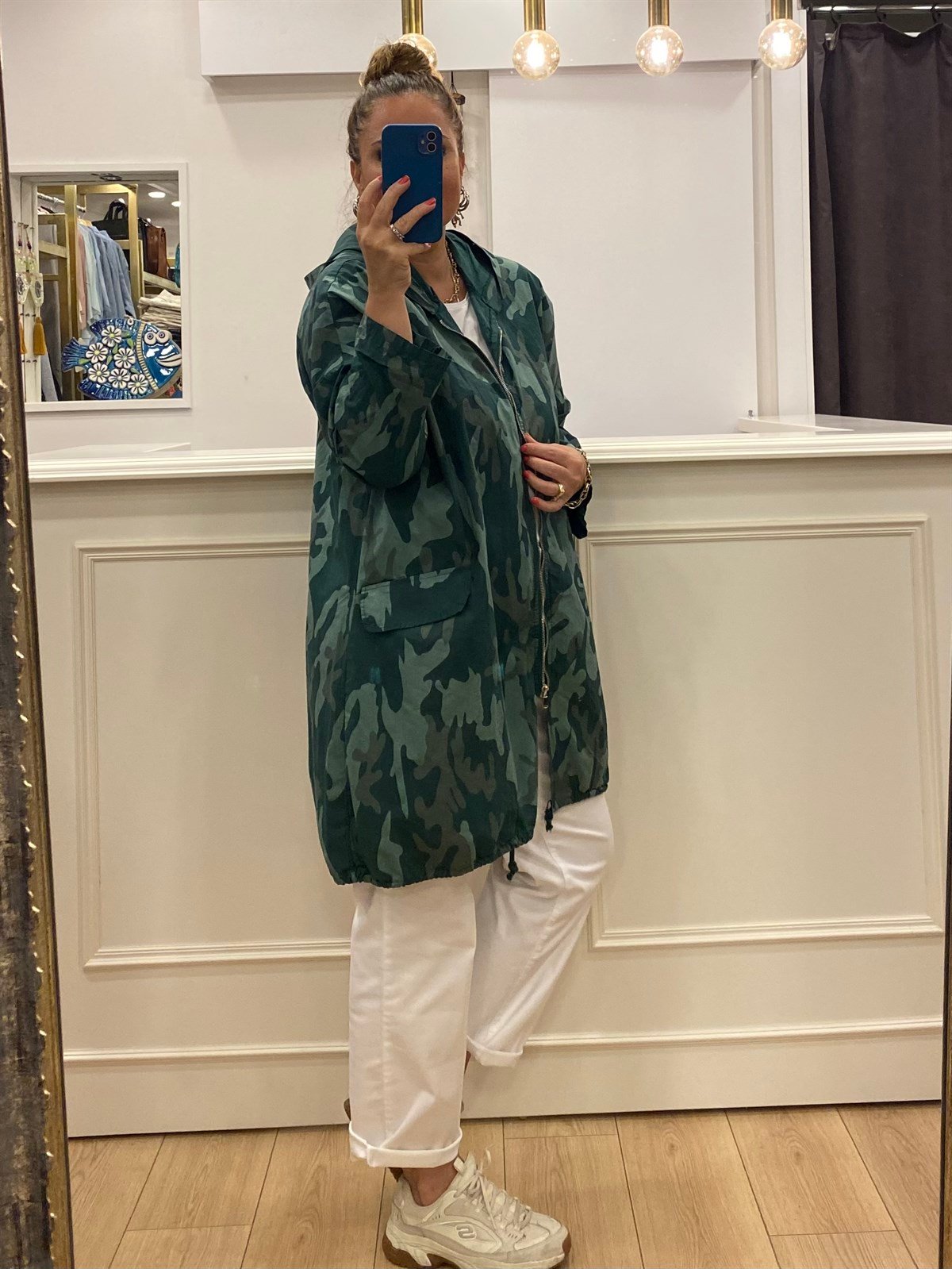 Kendinden Desenli Oversize Trençkot Yeşil