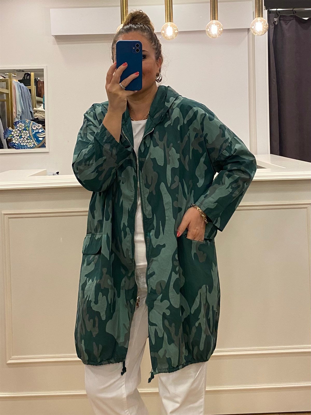 Kendinden Desenli Oversize Trençkot Yeşil