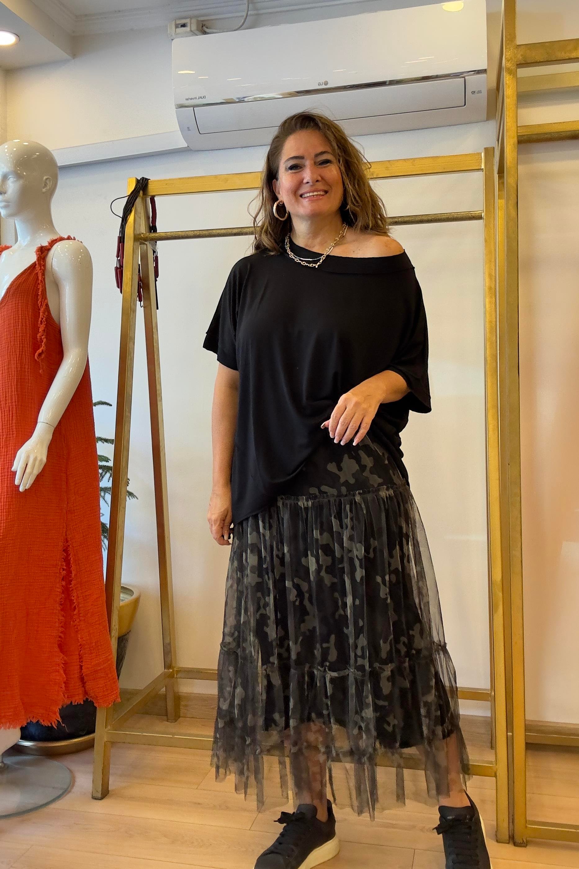 Kendinden Desenli Tül Etek Yeşil