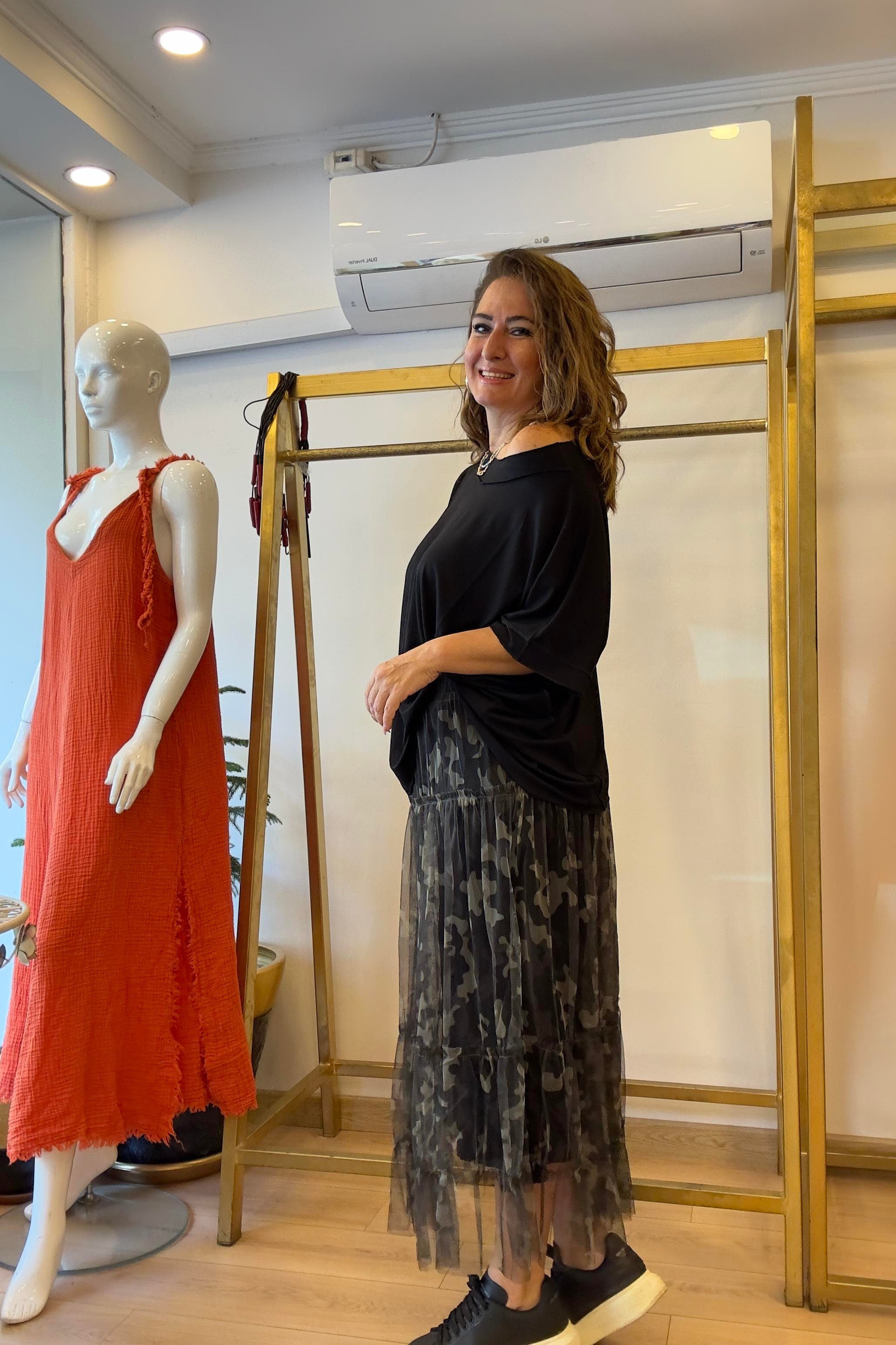 Kendinden Desenli Tül Etek Yeşil