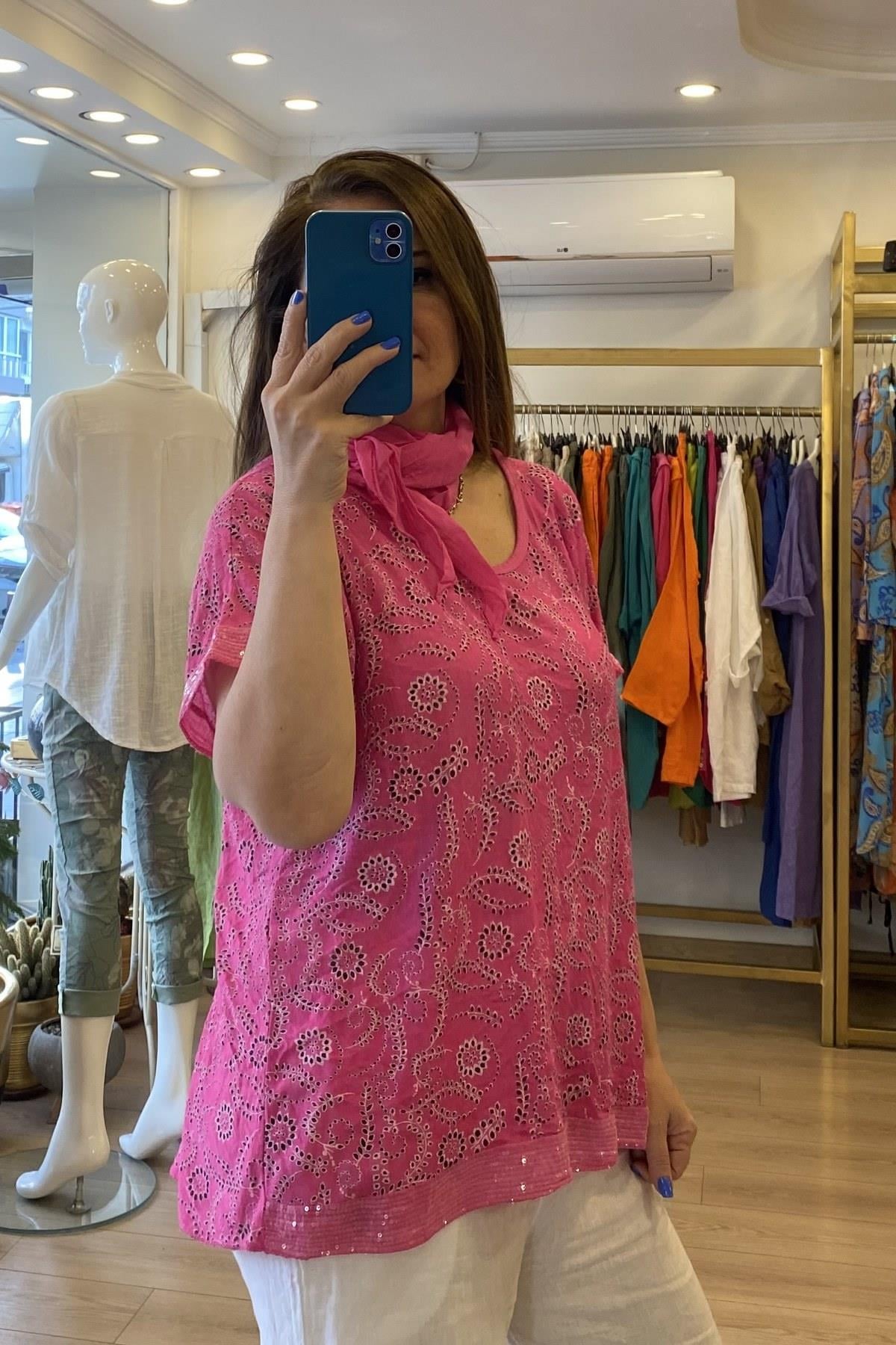 Kendinden Fularlı Etek Ucu Ve Kol Ucu Pul İşleme Detaylı Triko Pembe