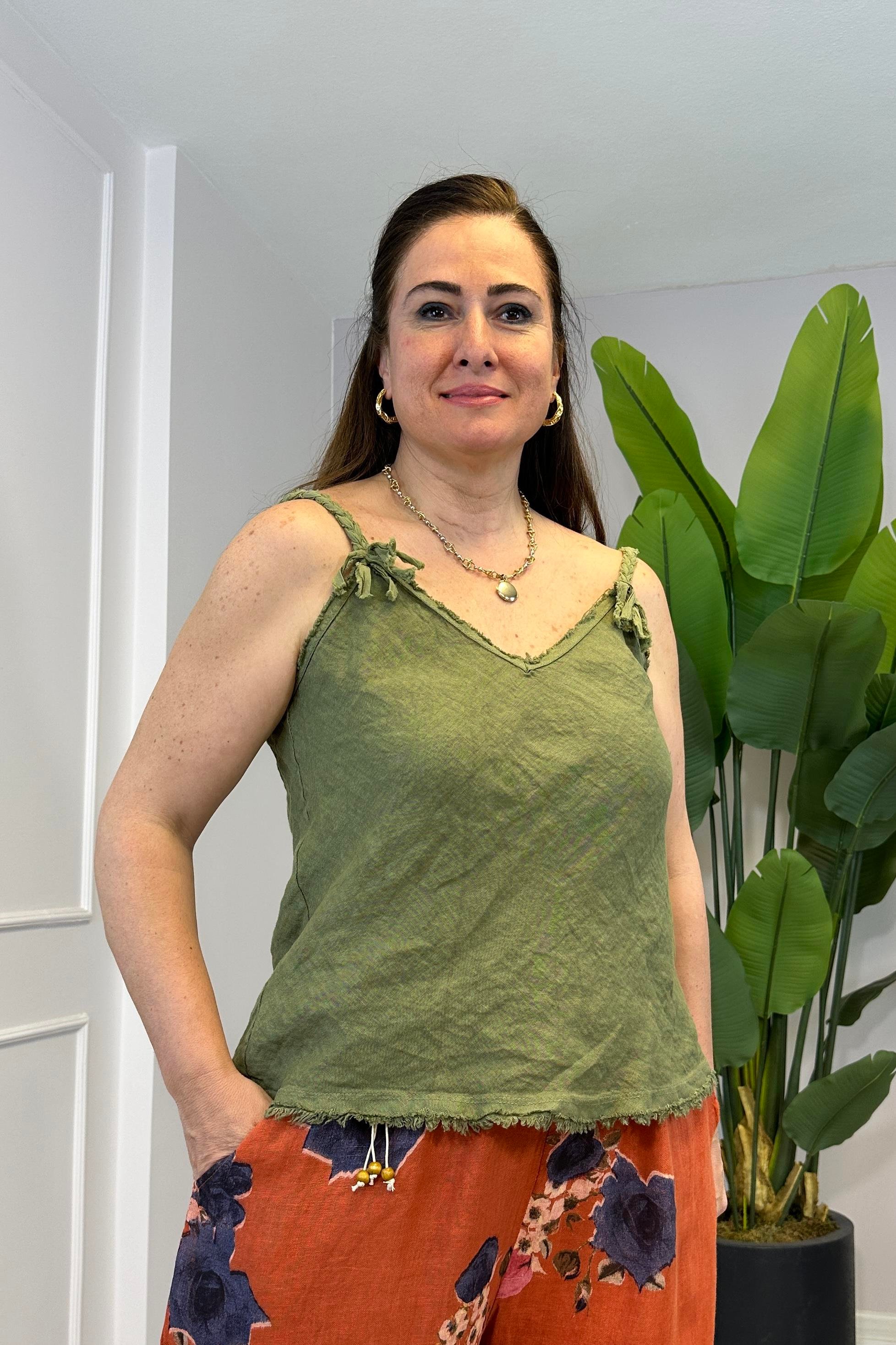 Keten Askılı Bluz Yeşil