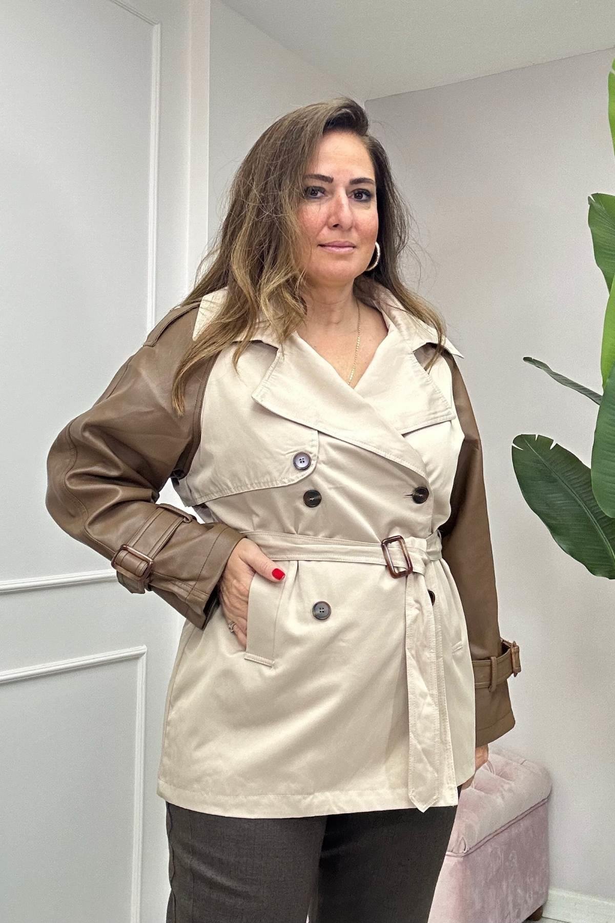 Kol Deri Detaylı Trençkot Kahverengi