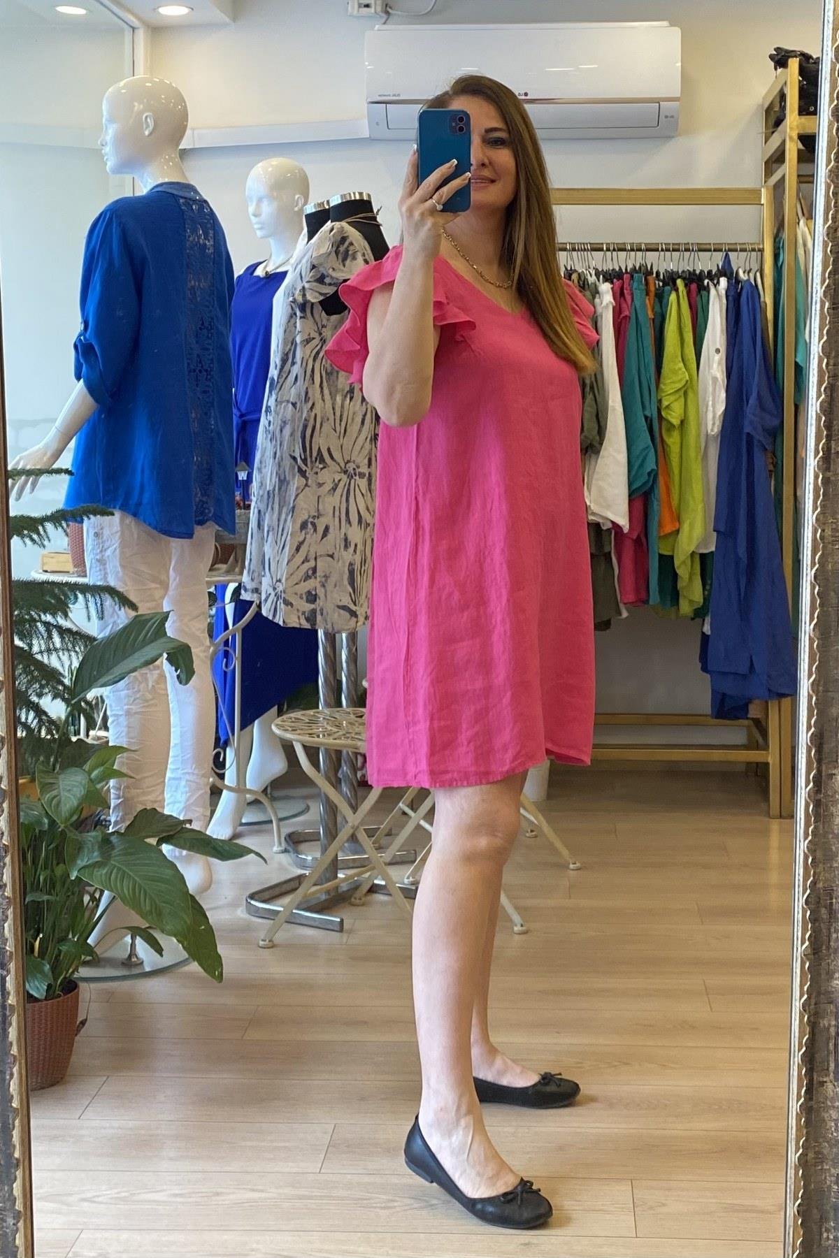Kol Fırfır Detaylı Sırt Lastikli Mini Elbise Pembe
