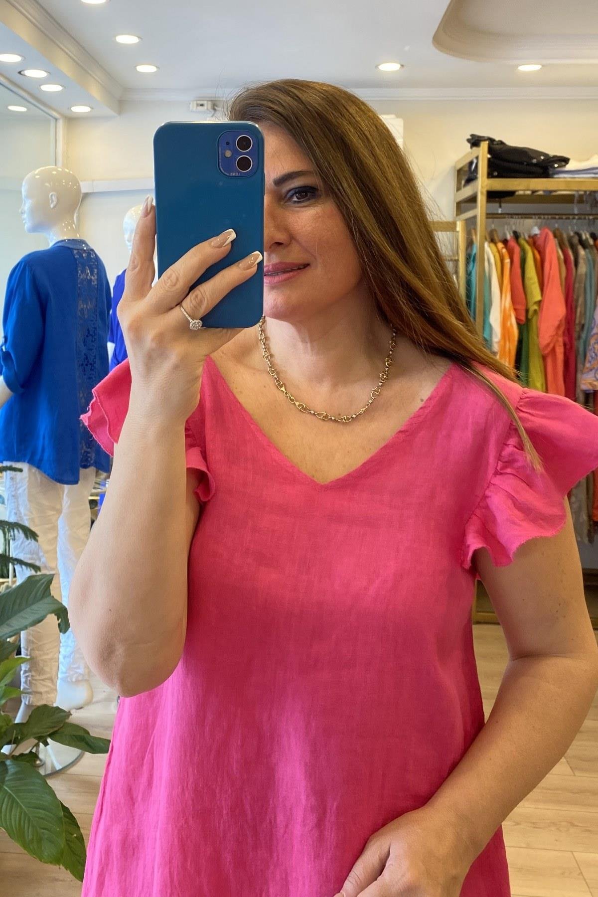 Kol Fırfır Detaylı Sırt Lastikli Mini Elbise Pembe