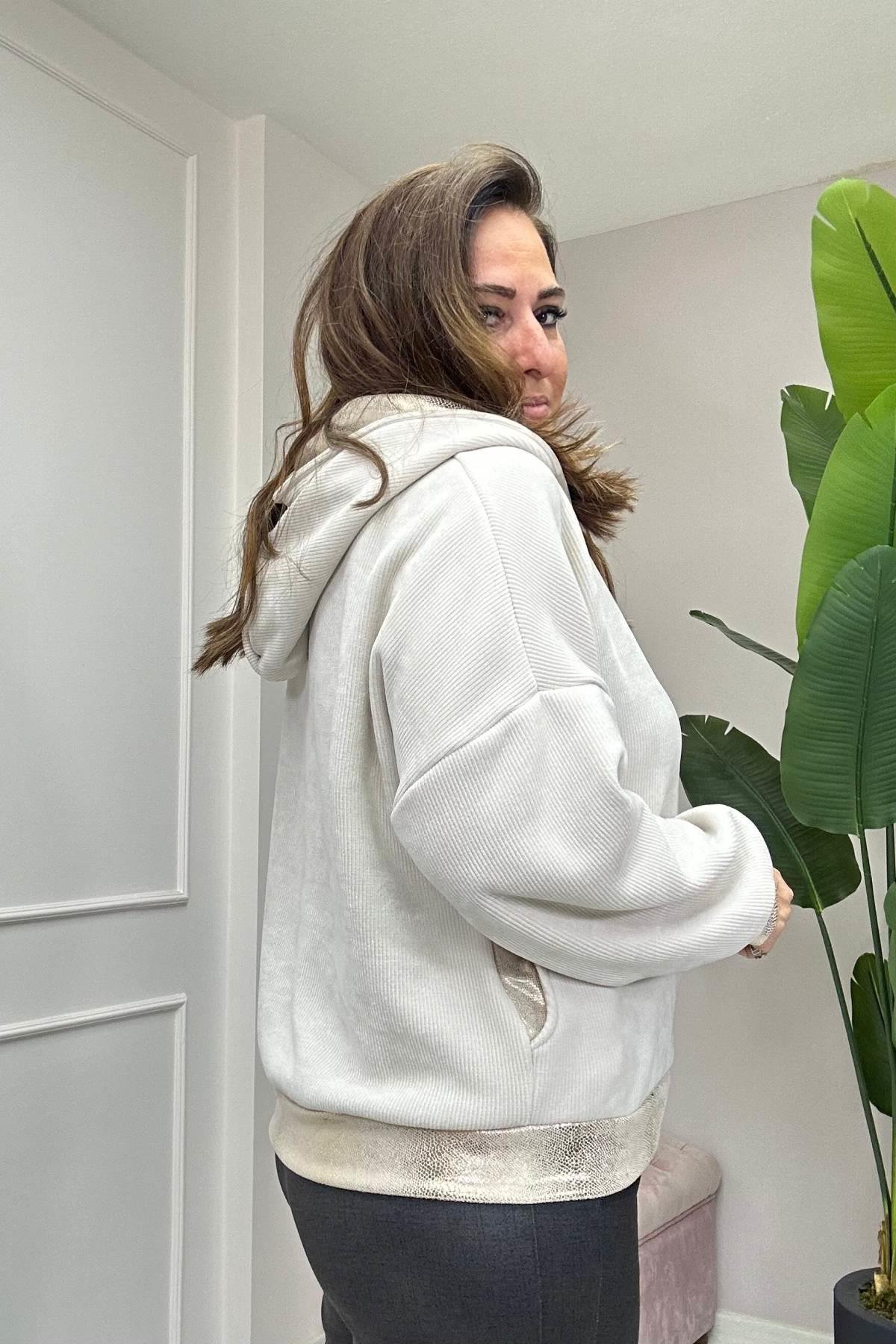 Kol Manşetli Parlak Ceket Taş Rengi