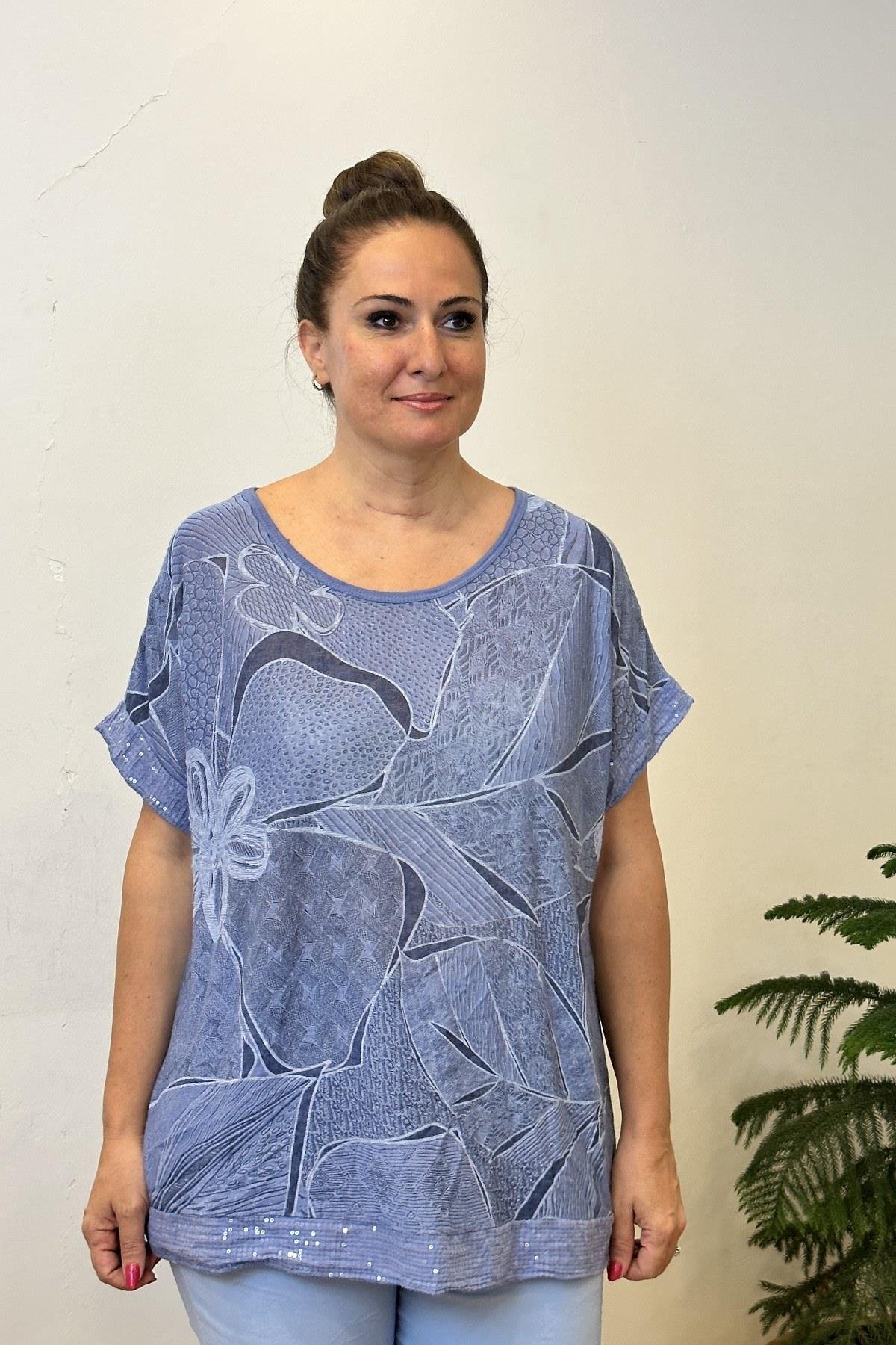 Kol Pullu Büyük Çiçek Desenli Triko Bluz Mavi