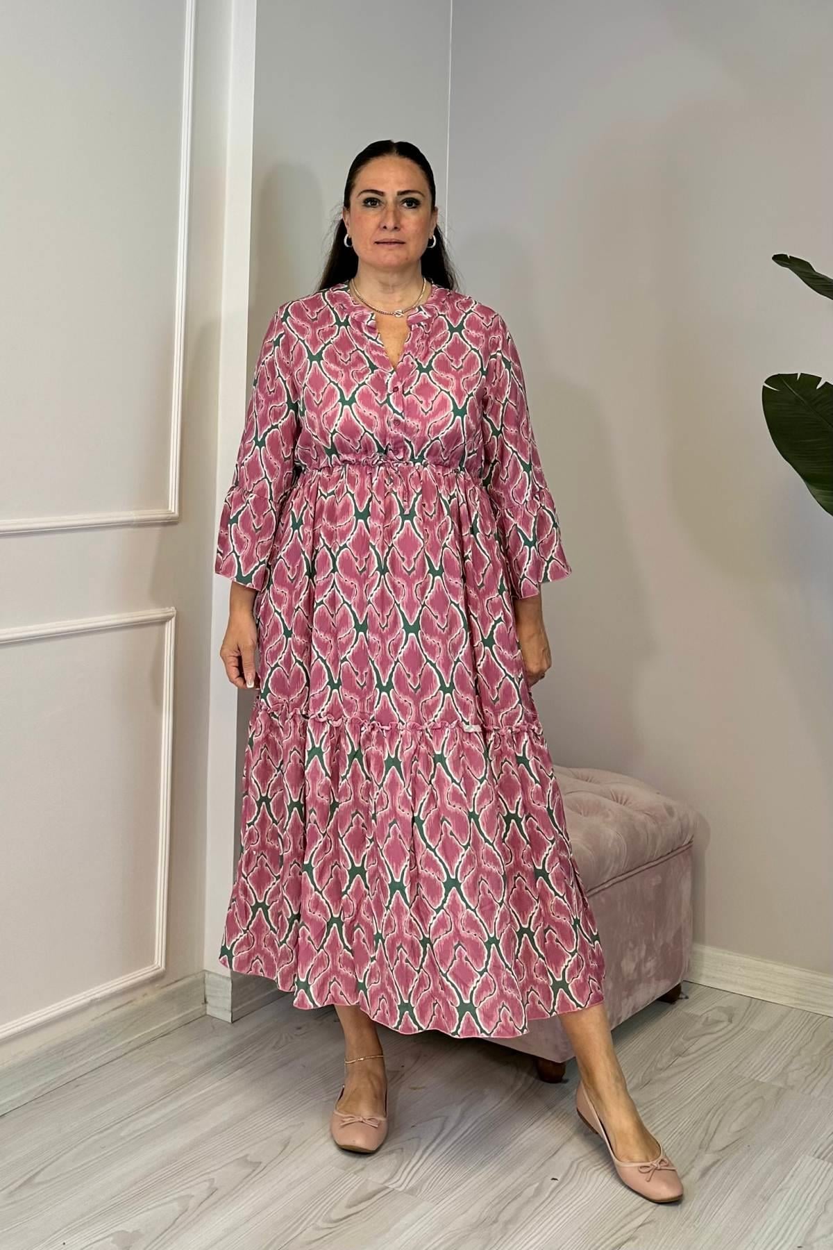 Kol Valonlu Uzun Elbise Pembe 