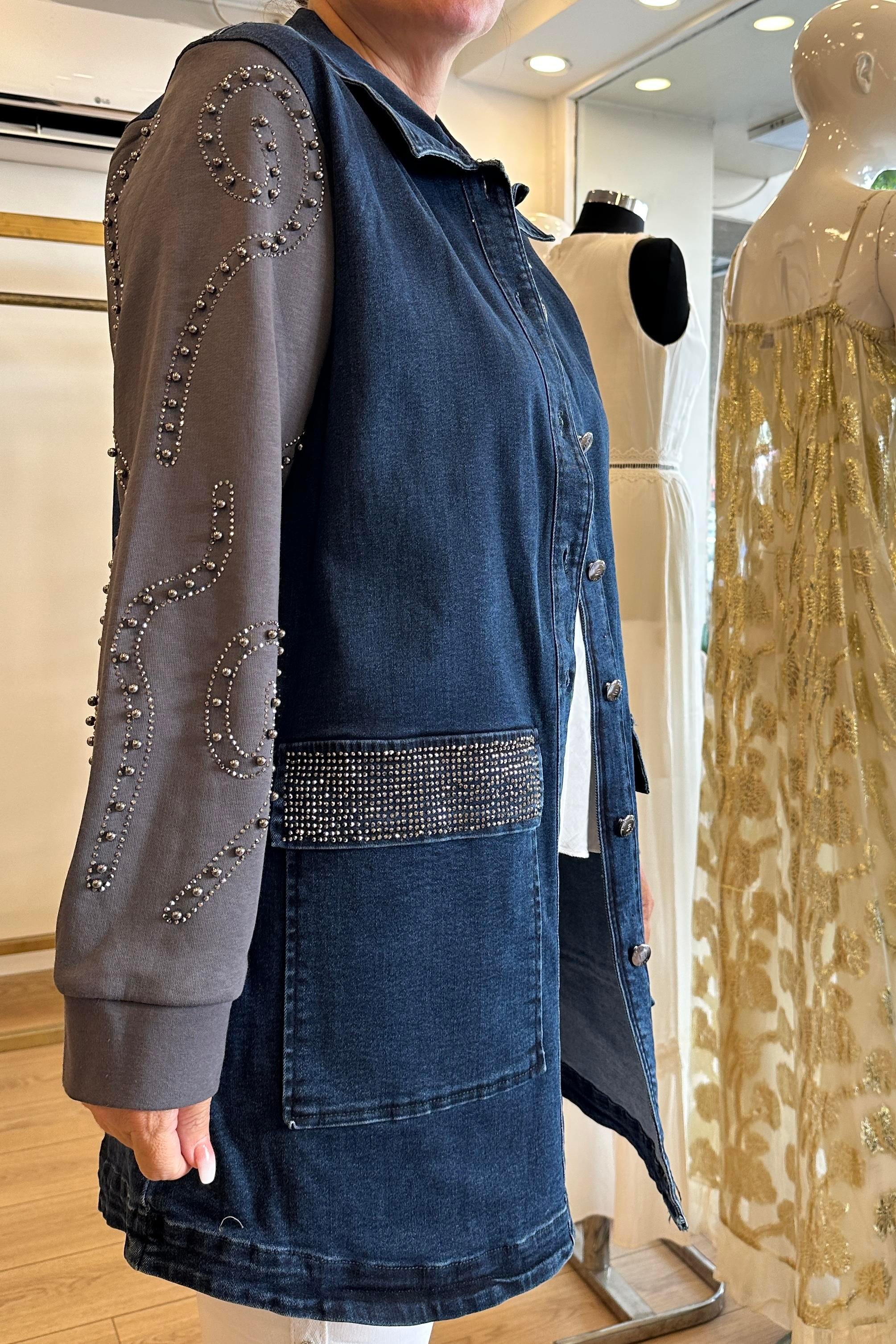 Kol Ve Cepleri Taş İşlemeli Kot Ceket Lacivert