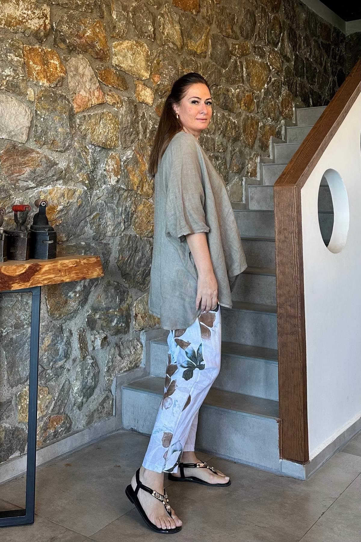 Kruvaze Yaka Keten Bluz Taşrengi