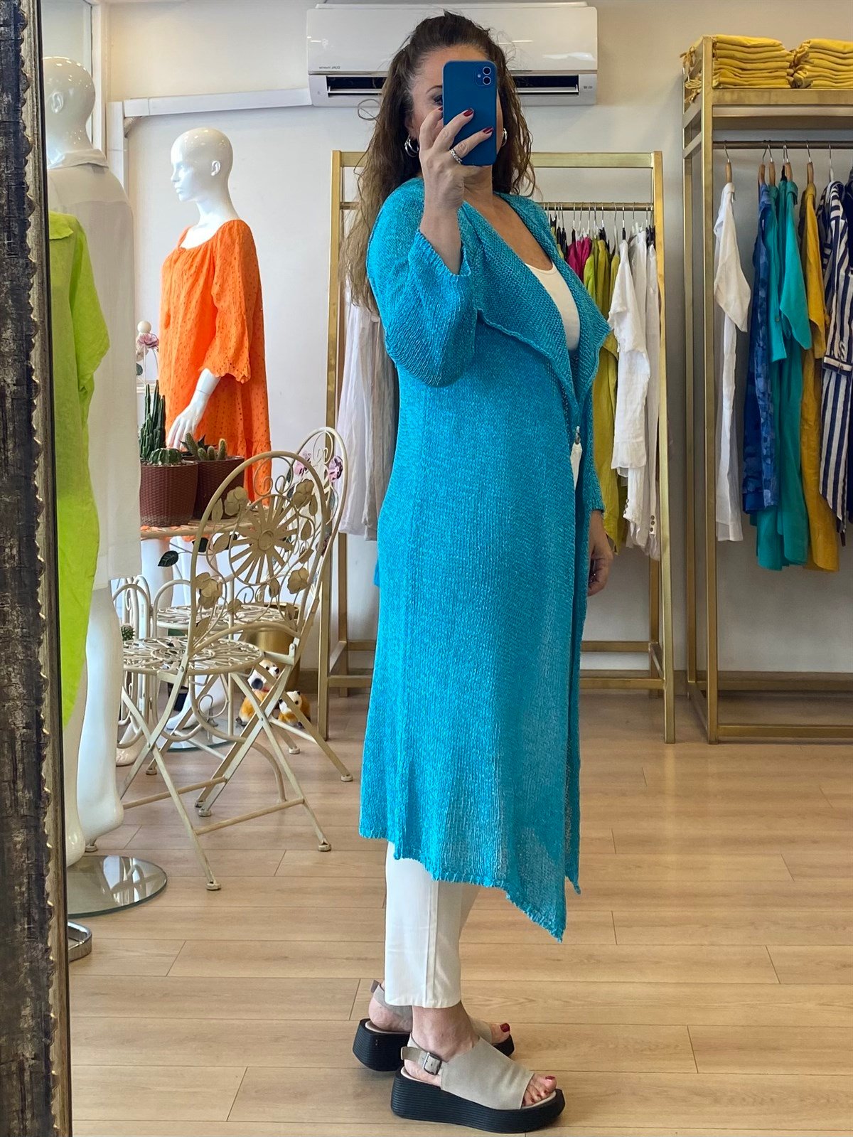 merserize uzun ceket mavi