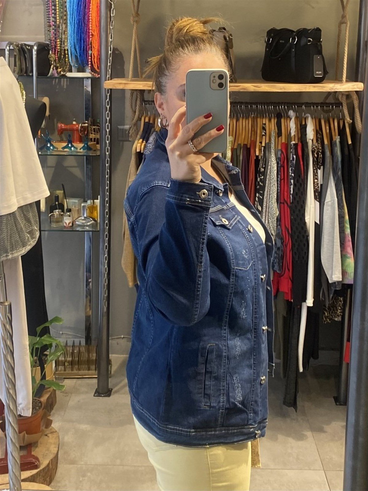 minik taş detaylı kot ceket