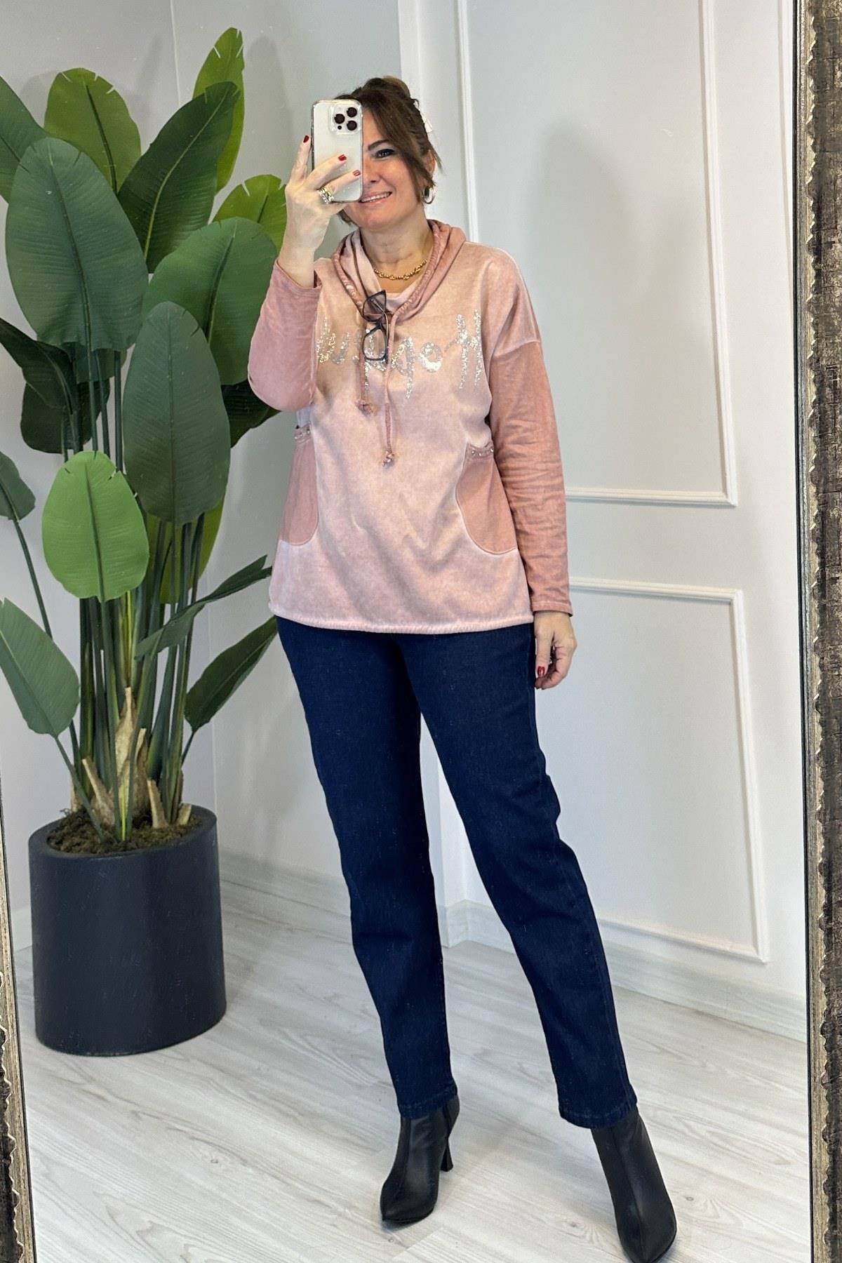 Minik Taş İşlemeli Cepli Bluz Pembe