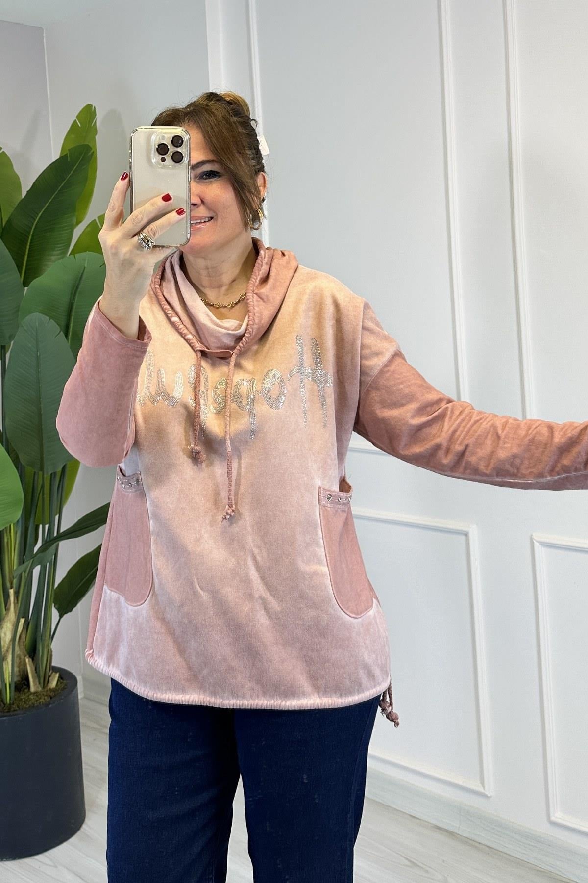 Minik Taş İşlemeli Cepli Bluz Pembe