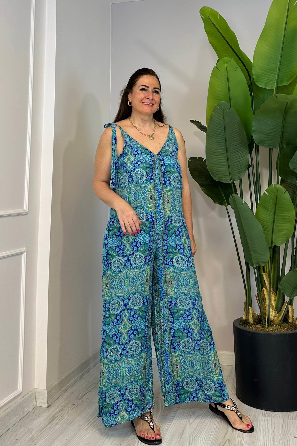 Omuz Bağlamalı Çini Desenli Tulum Yeşil