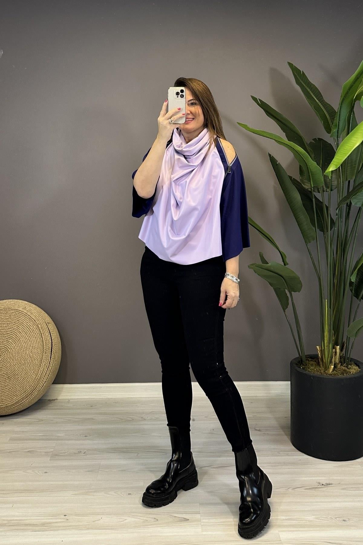 Omuz Fermuar Detaylı Deri Degaje Yaka Bluz Mor