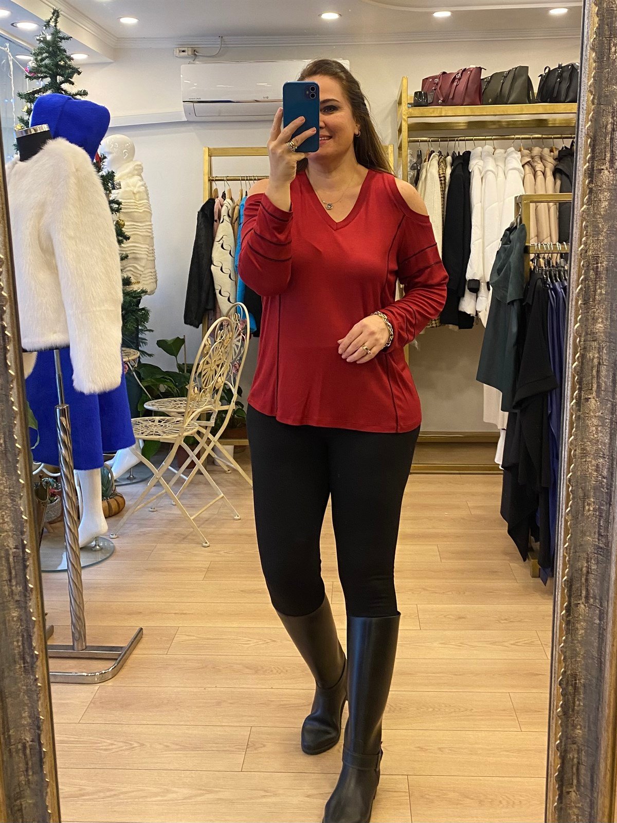Omuz Pencereli V Yakalı Çift Örme Bluz Bordo