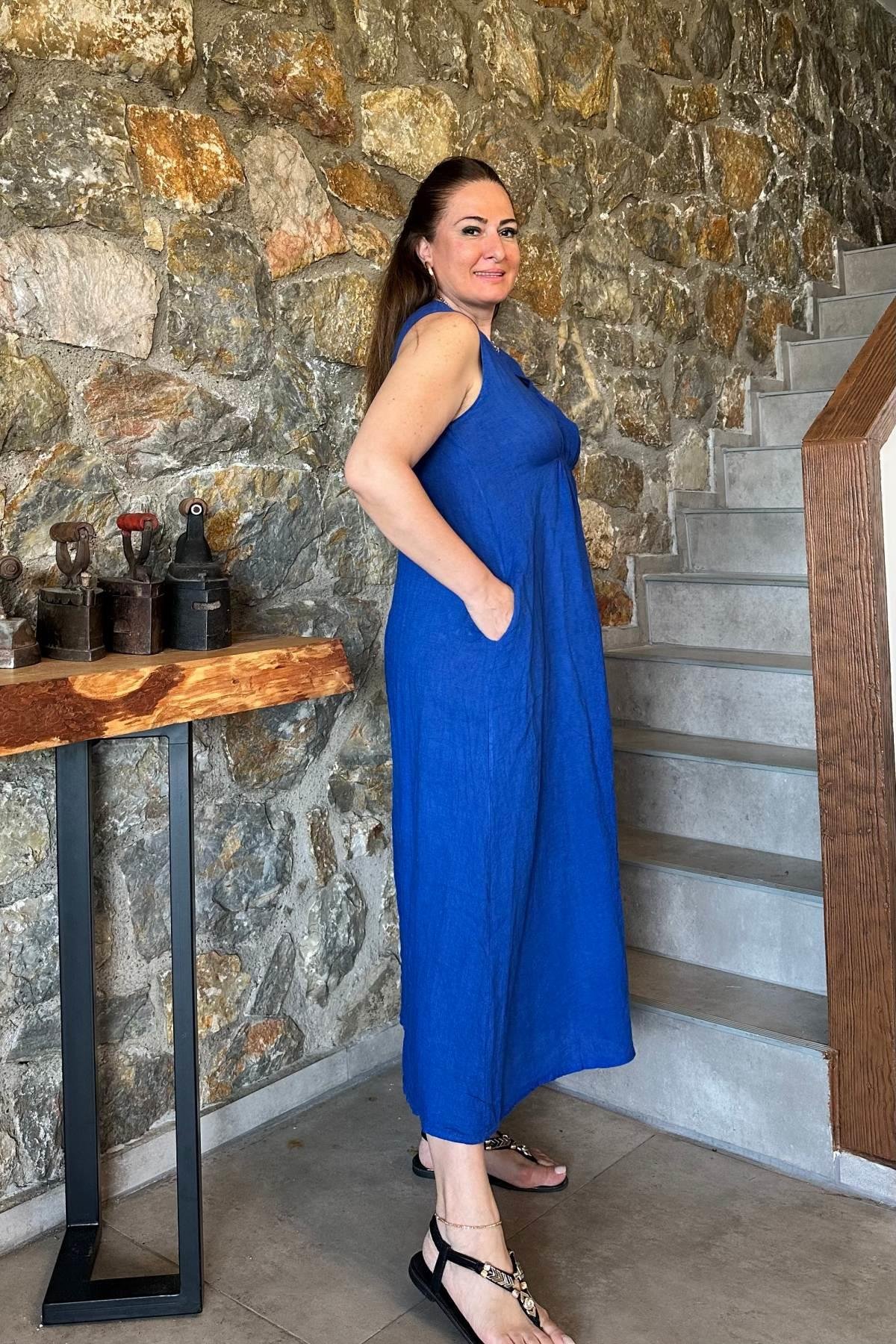 Ön Büzgü Detaylı Kolsuz Maxi Boy Elbise Saks Mavi