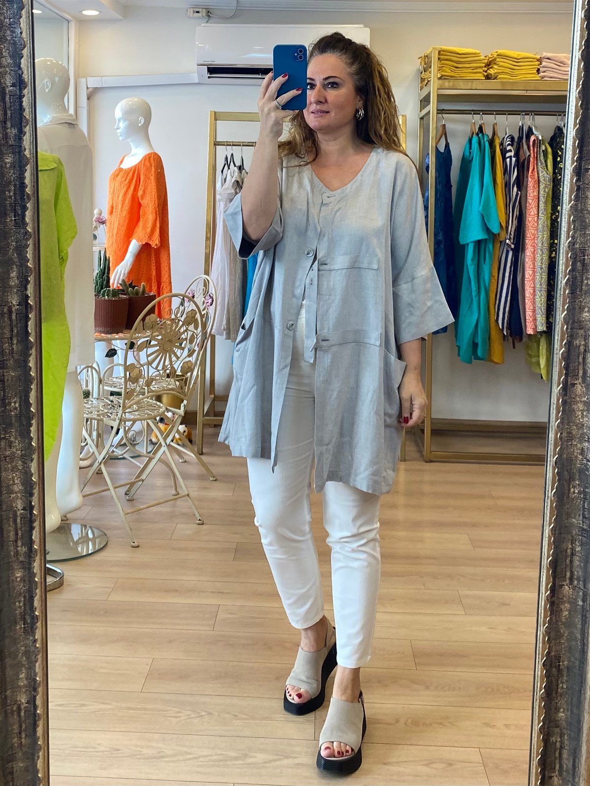 Ön Düğme Detaylı Tasarım Ceket Gri