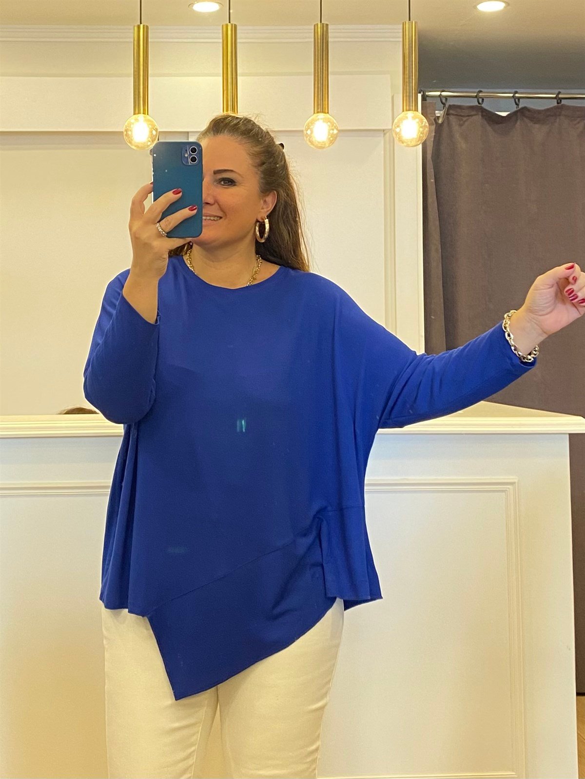 Ön Parçalı Kumaş Detaylı İnce Triko Bluz Saks Mavi