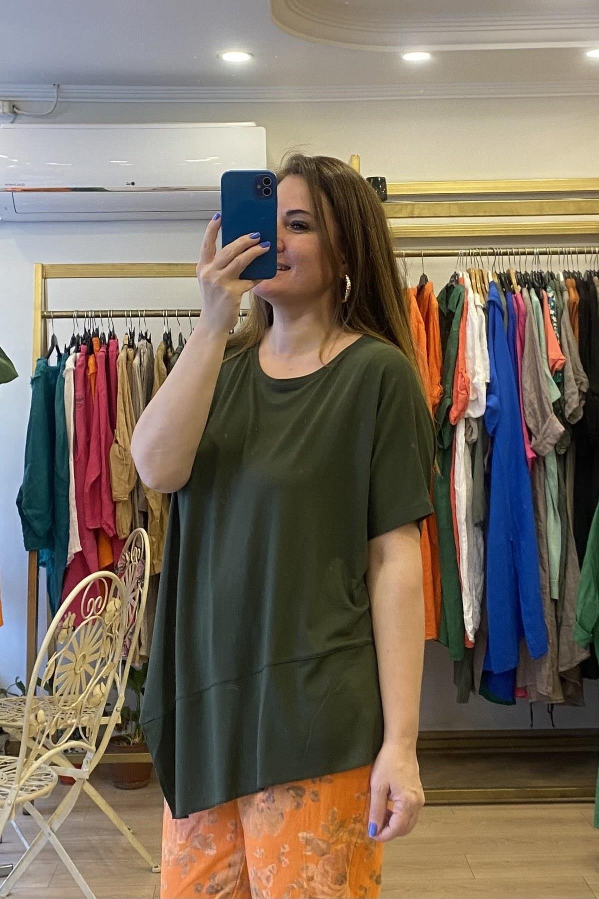 Ön Üçgen Detaylı T-shirt Haki Yeşil