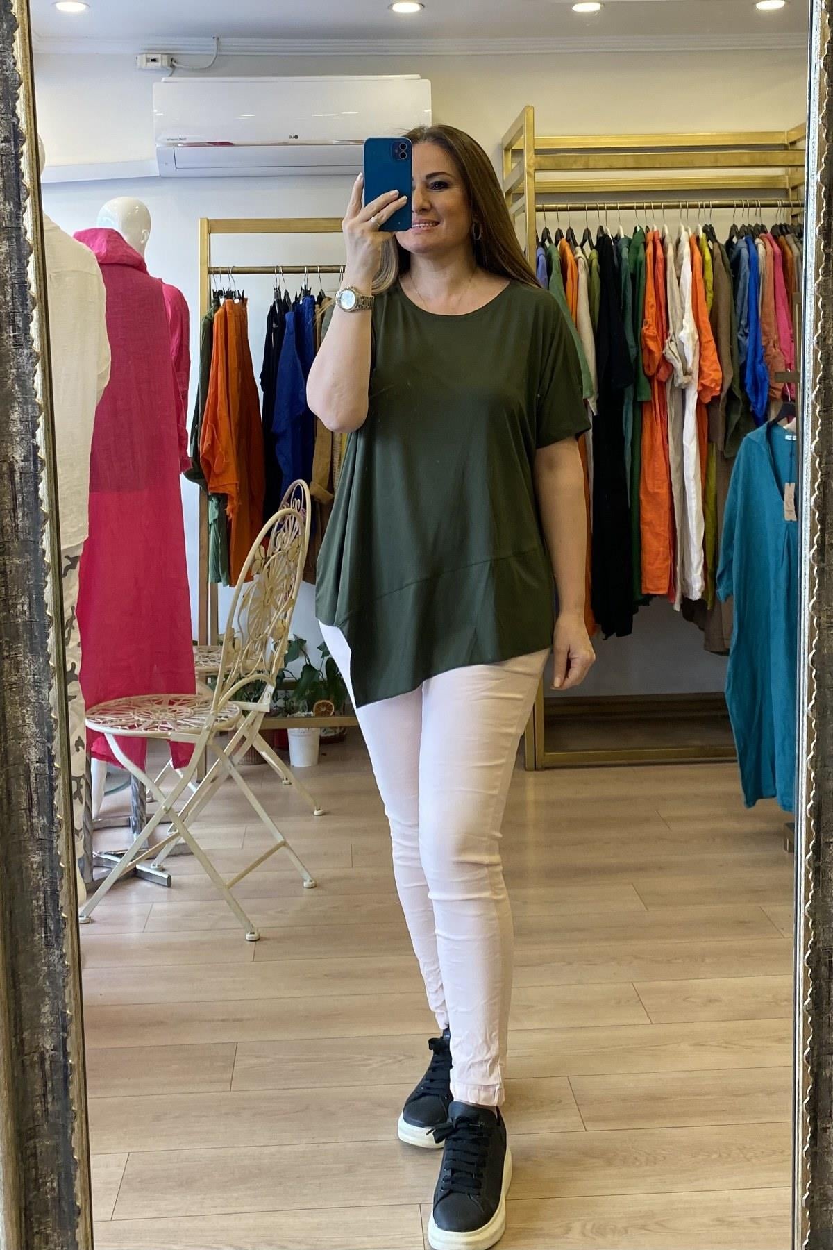 Ön Üçgen Detaylı T-shirt Haki Yeşil