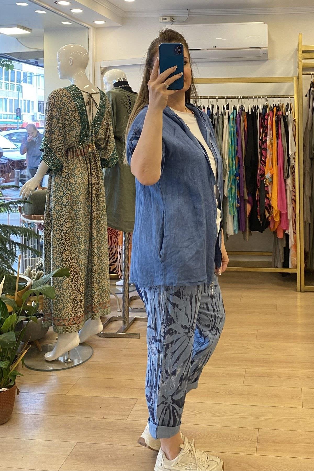 Önden Fermuarlı Kapüşonlu Keten Ceket Mavi