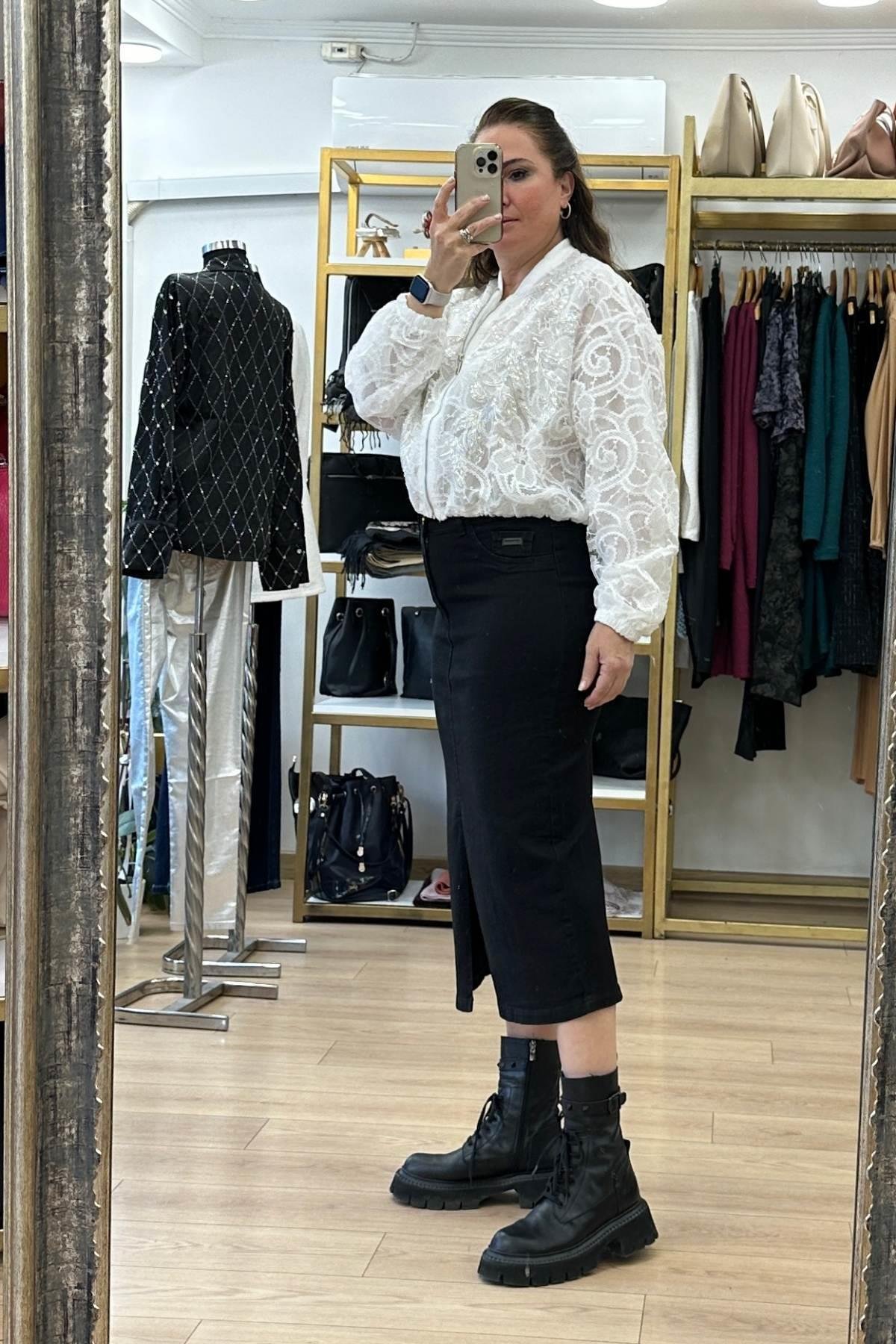 Önden Yırtmaçlı Kot Etek-Siyah