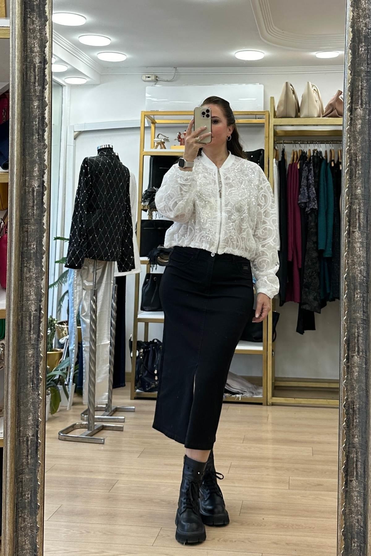 Önden Yırtmaçlı Kot Etek-Siyah