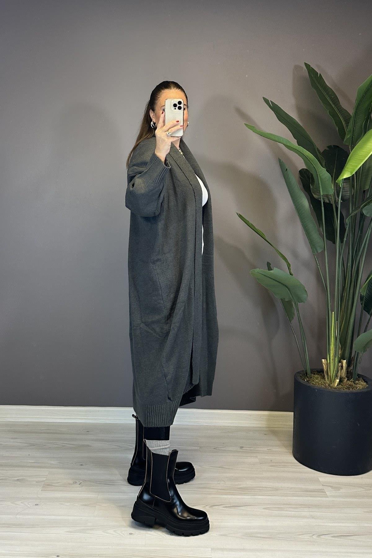 Önü Açık Şal Yaka Hırka Füme 