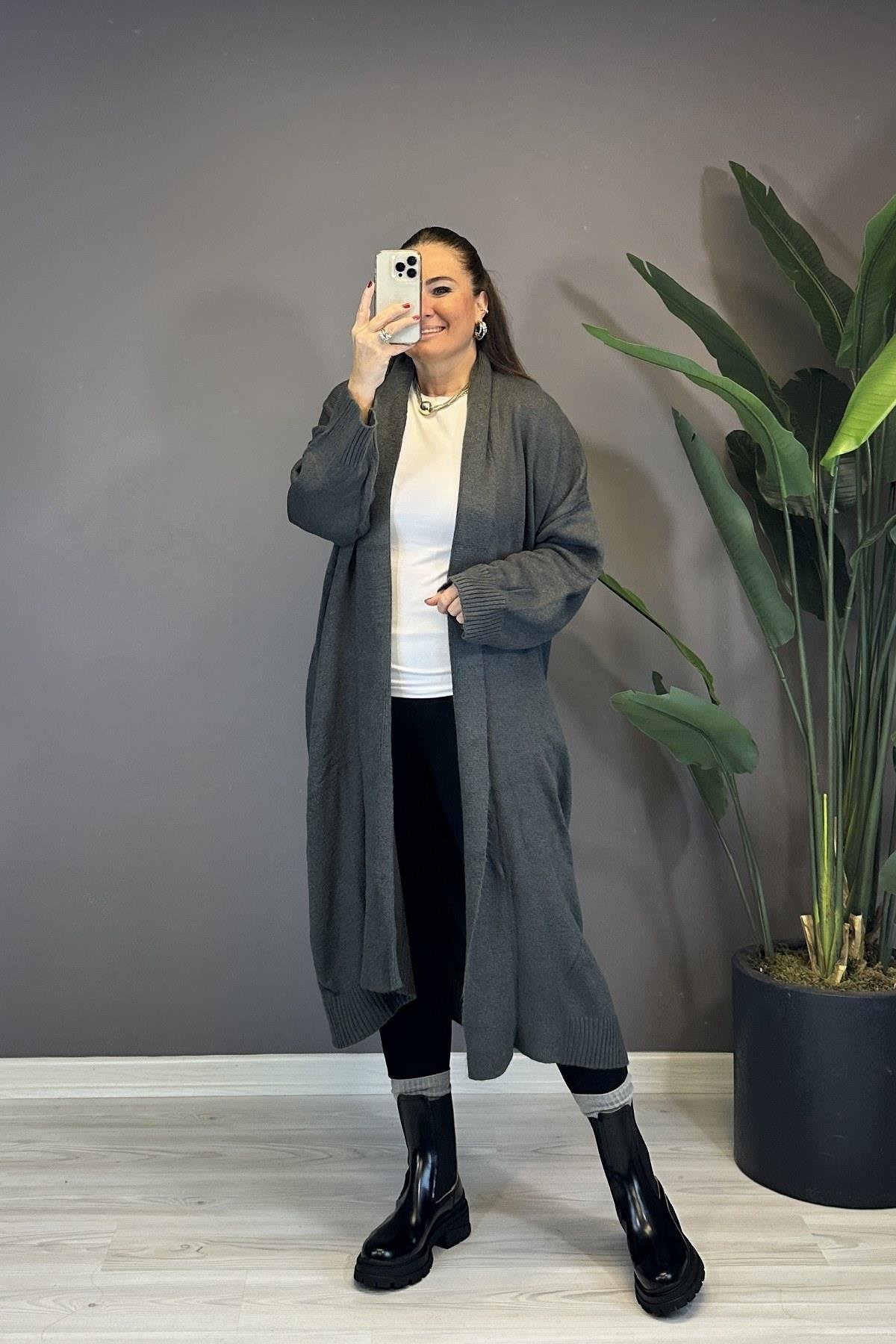 Önü Açık Şal Yaka Hırka Füme 