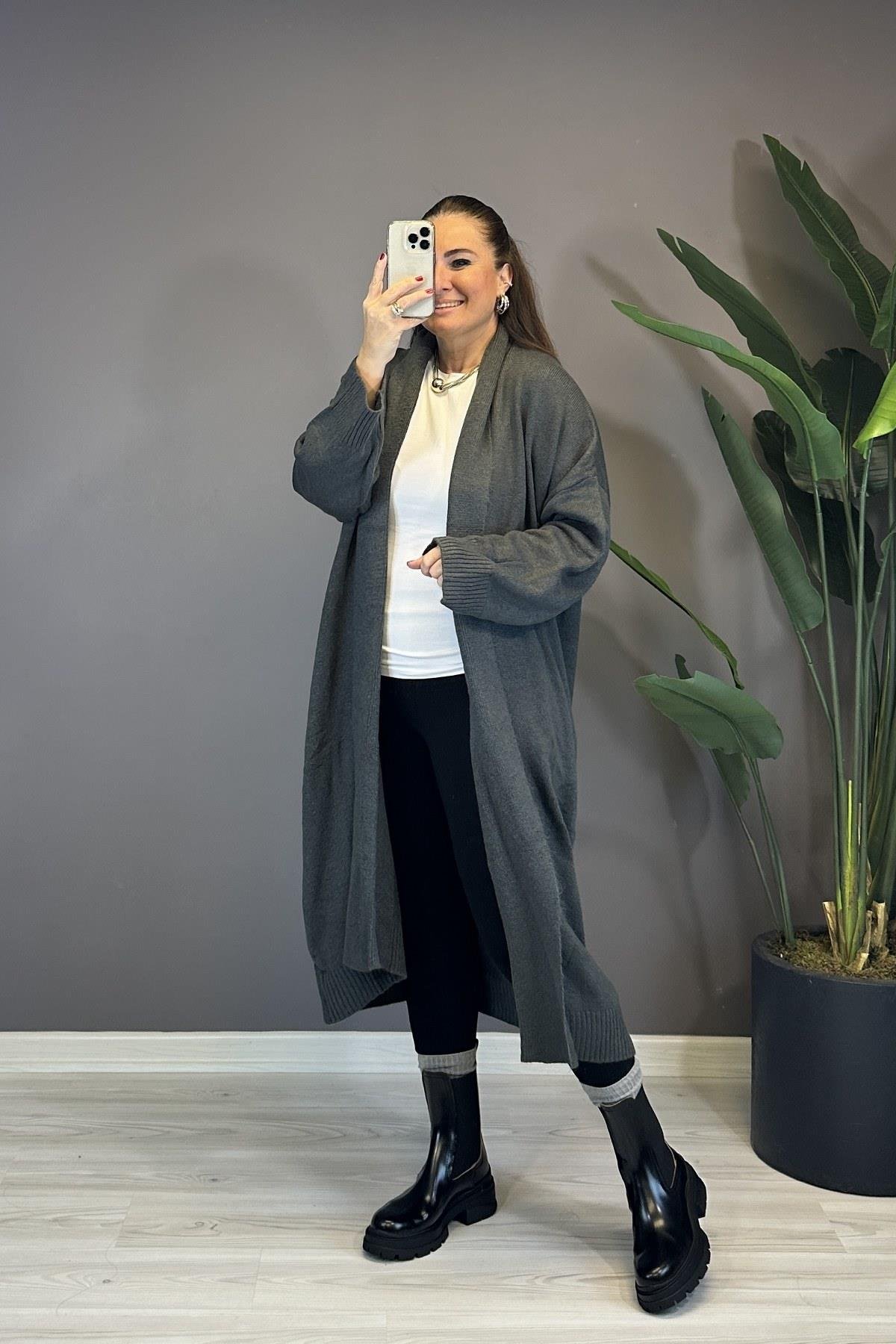 Önü Açık Şal Yaka Hırka Füme 