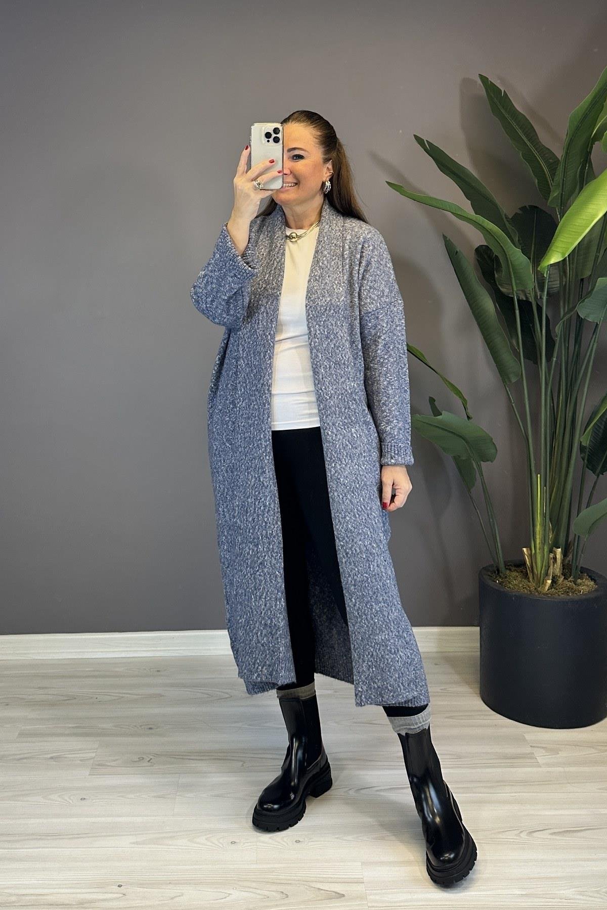 Önü Açık Şal Yaka Hırka İndigo 