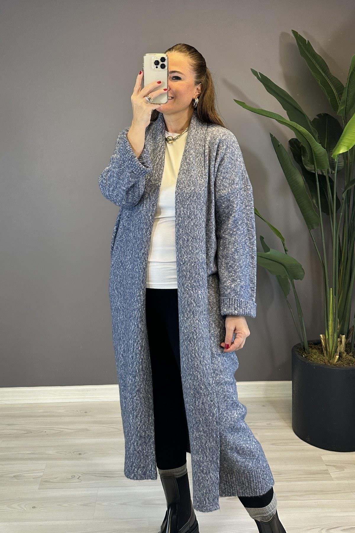 Önü Açık Şal Yaka Hırka İndigo 