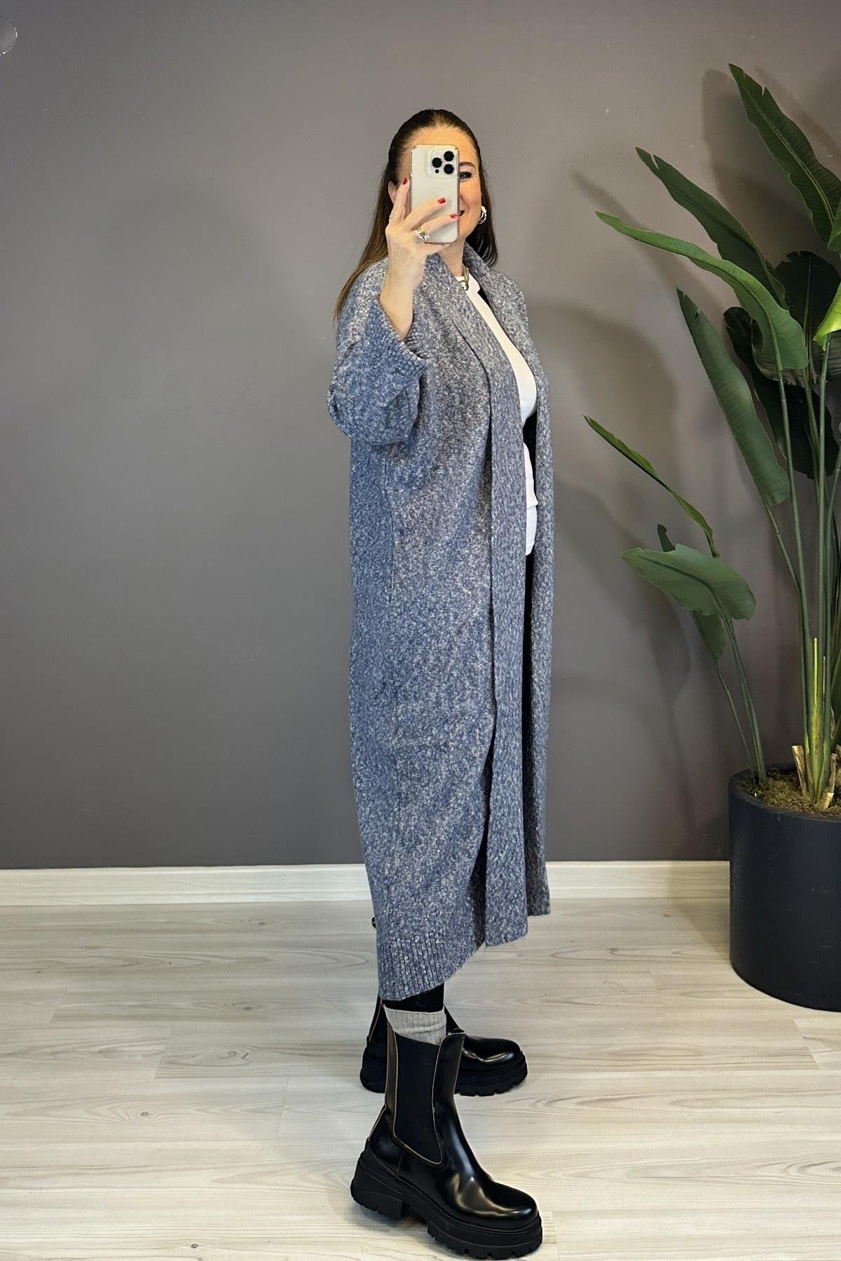 Önü Açık Şal Yaka Hırka İndigo 