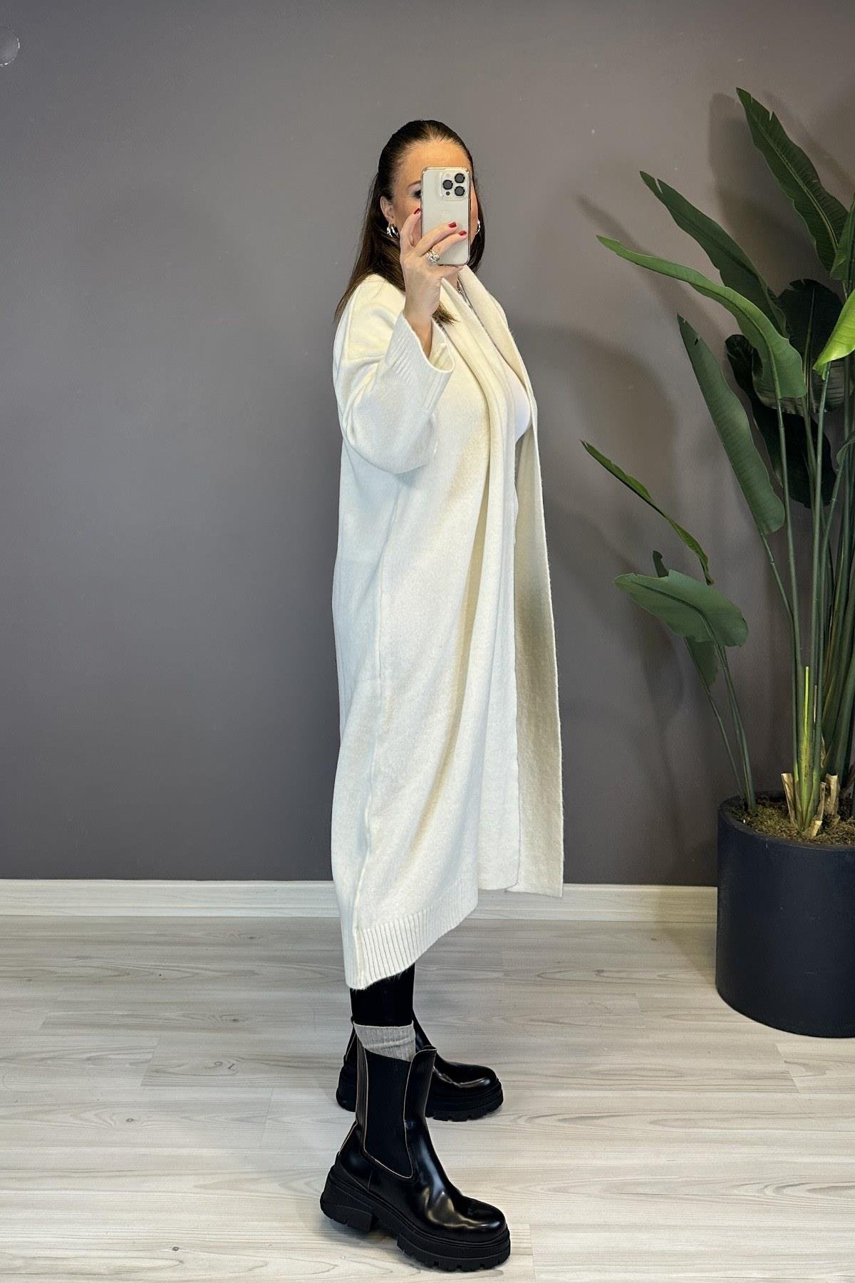 Önü Açık Şal Yaka Hırka Kemik 