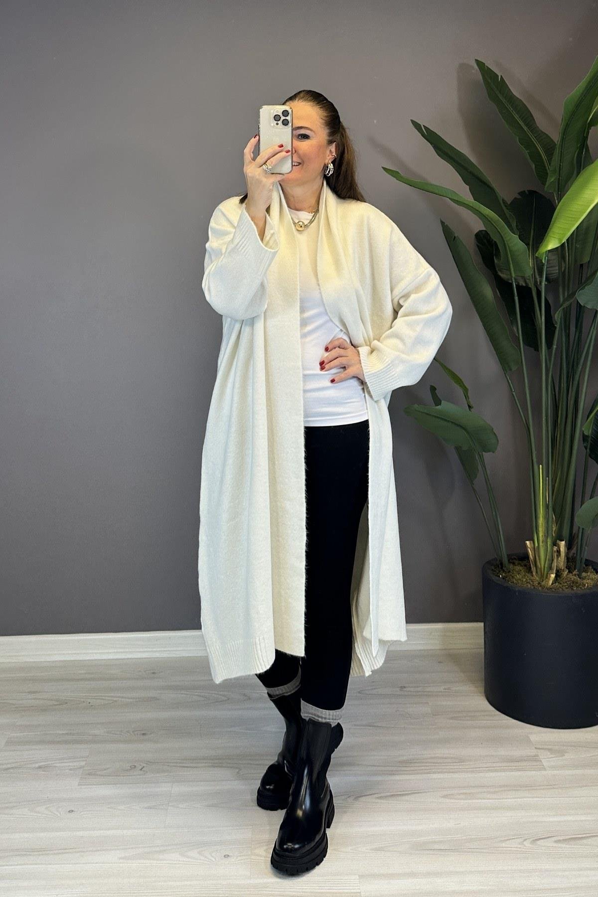 Önü Açık Şal Yaka Hırka Kemik 