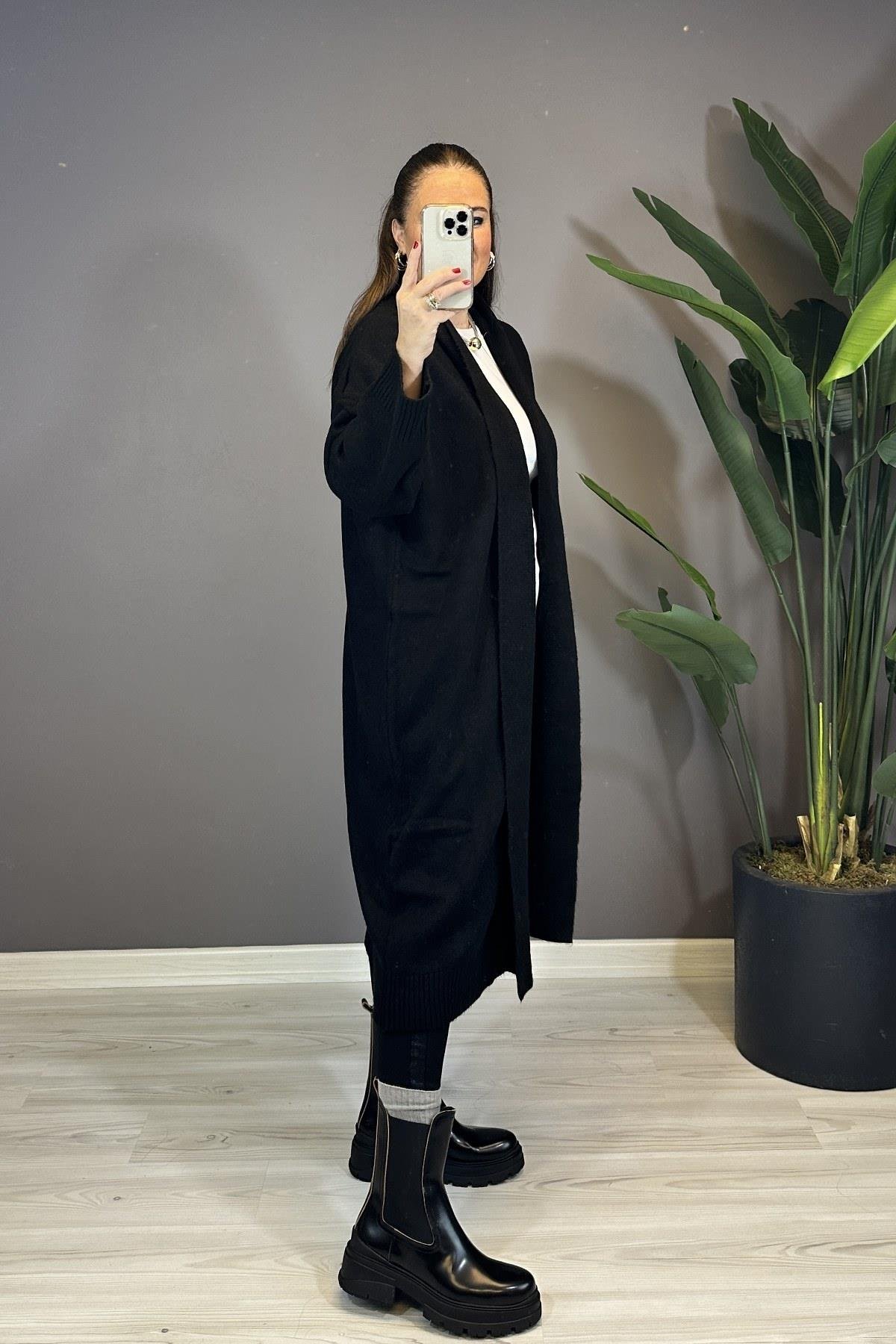 Önü Açık Şal Yaka Hırka Siyah 