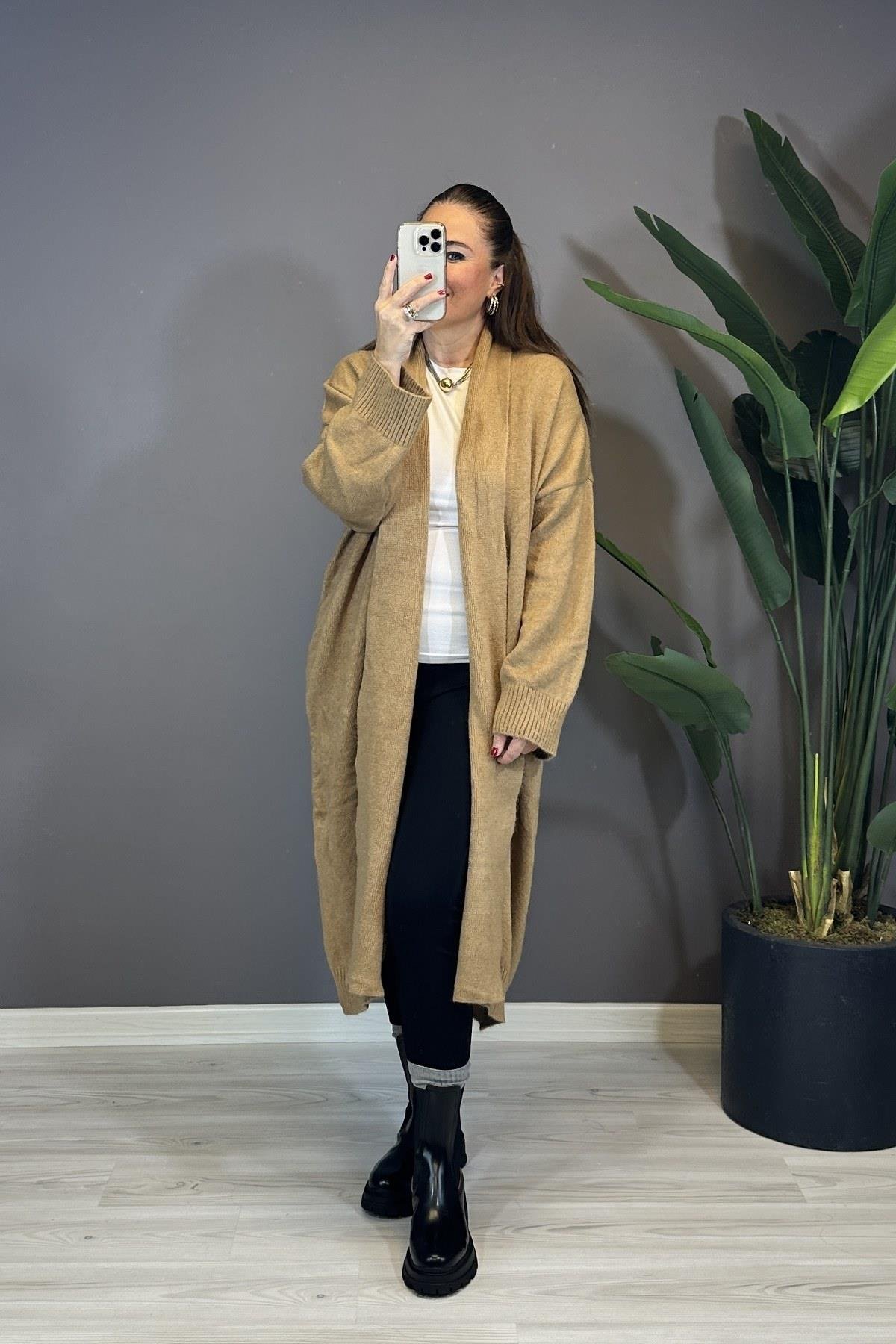 Önü Açık Şal Yaka Hırka Sütlü Kahve 