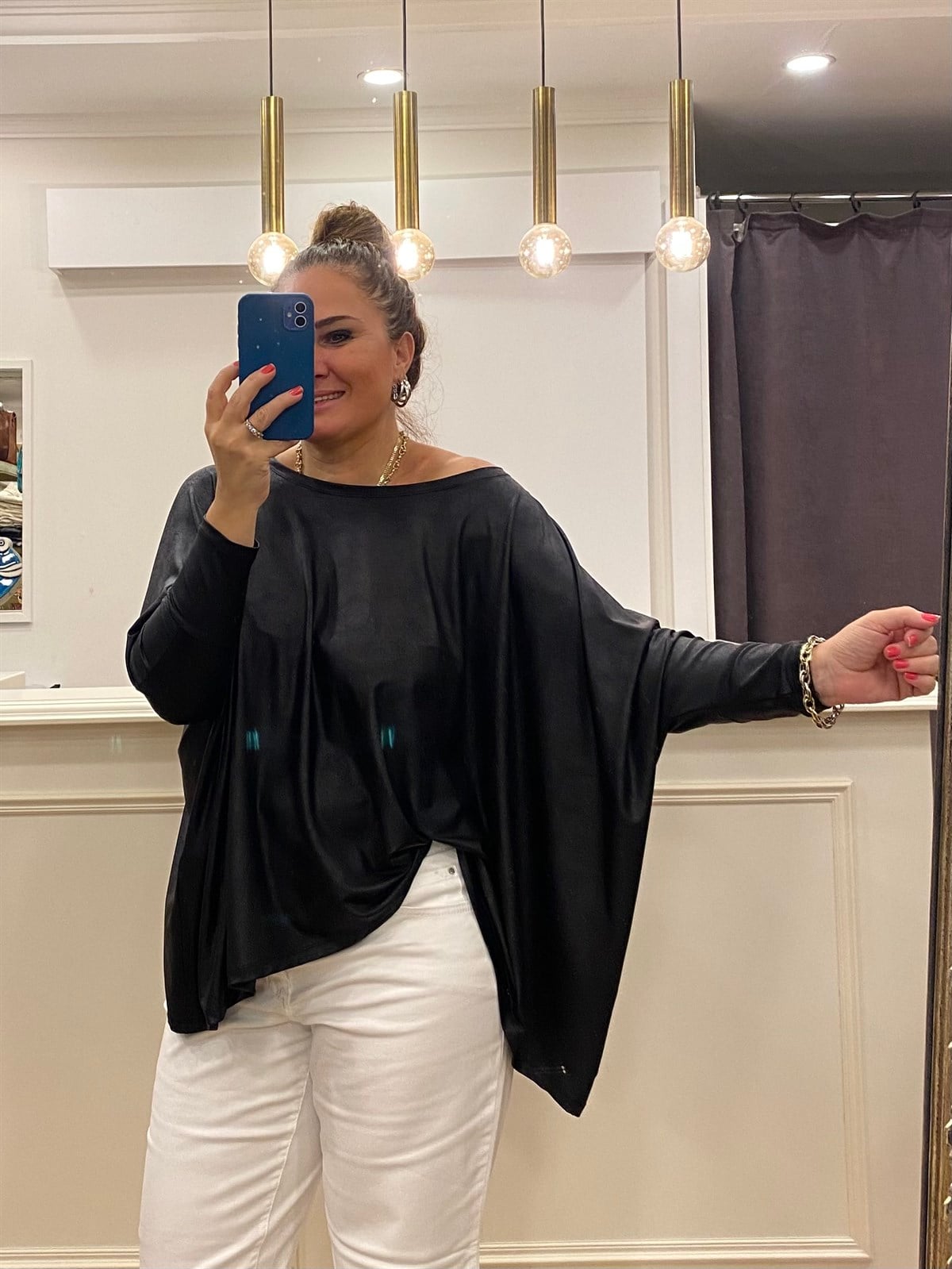 Oversize Düşük Kol Deri Görünümlü Bluz Siyah Rengi 
