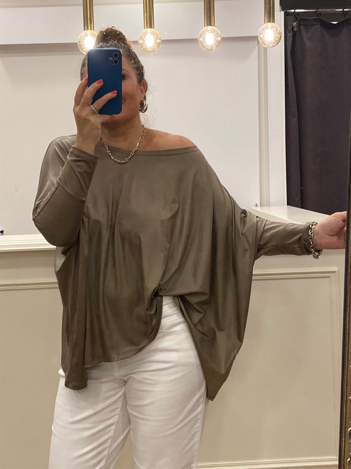 Oversize Düşük Kol Deri Görünümlü Bluz Bronz Rengi