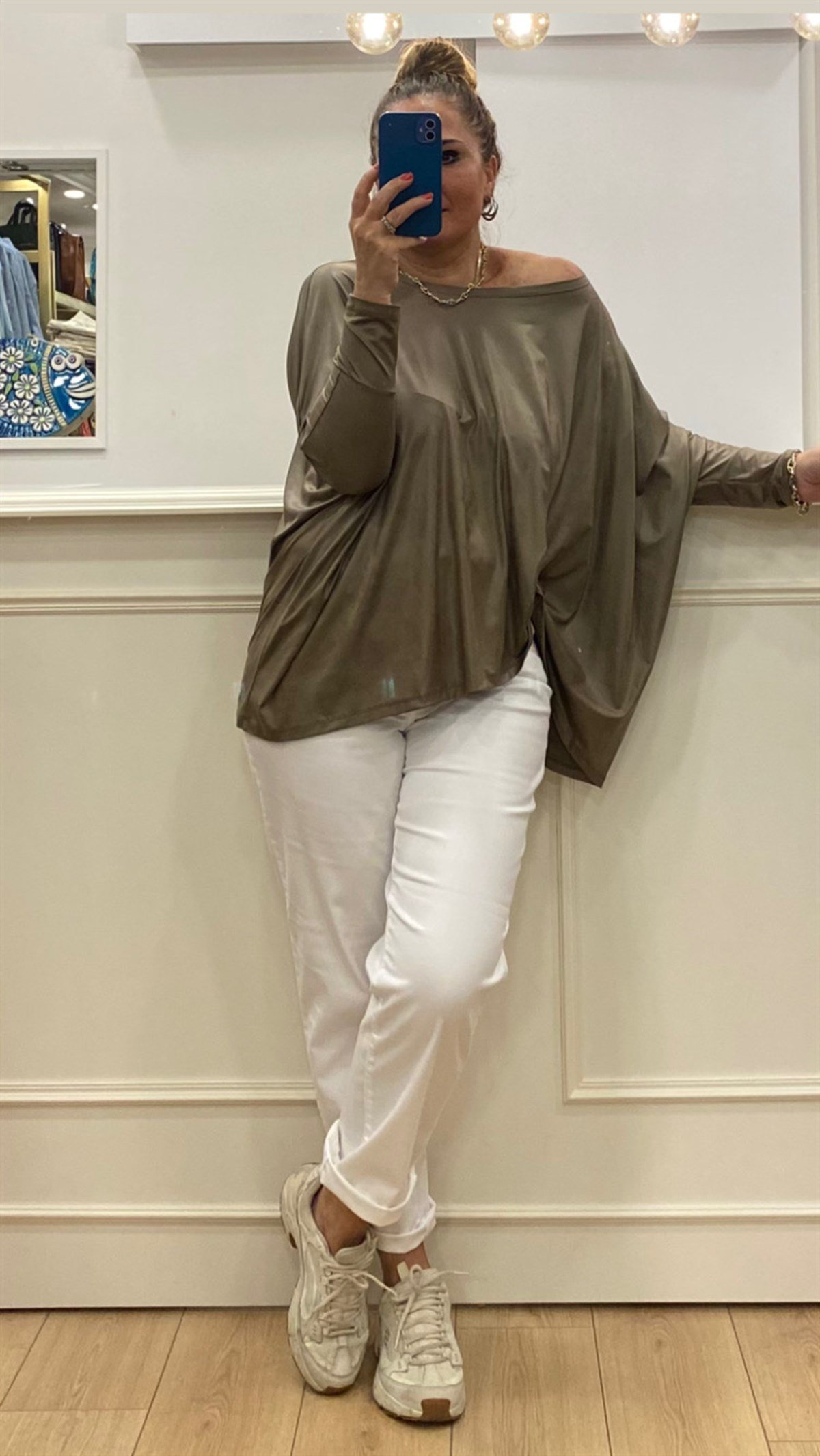 Oversize Düşük Kol Deri Görünümlü Bluz Bronz Rengi