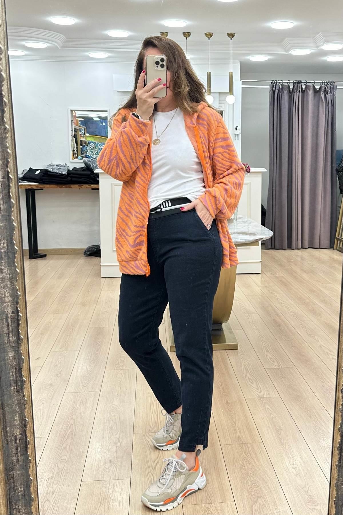 Paça Detaylı Beli Lastikli Bilek Boy Kot Pantalon-Lacivert