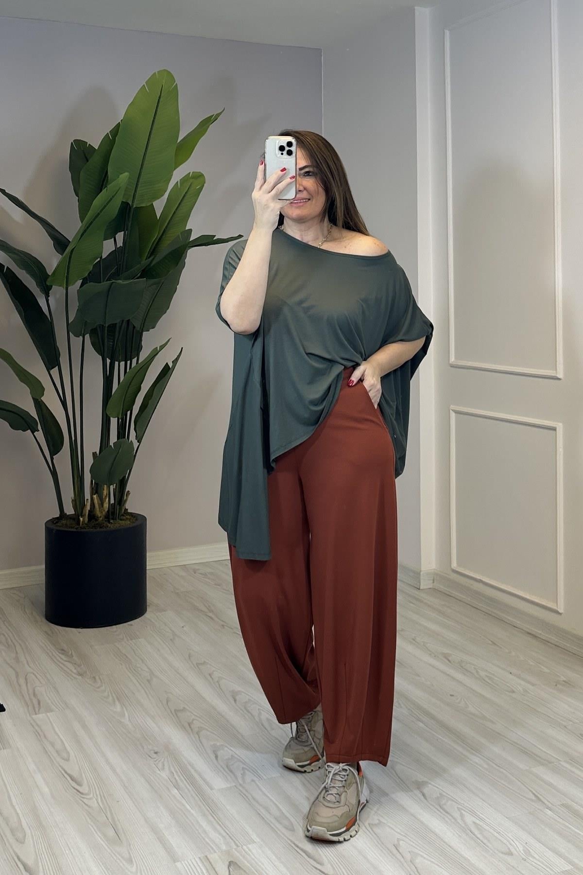 Paça Dikiş Detaylı Cepli Çelik Örme Pantolon Kiremit