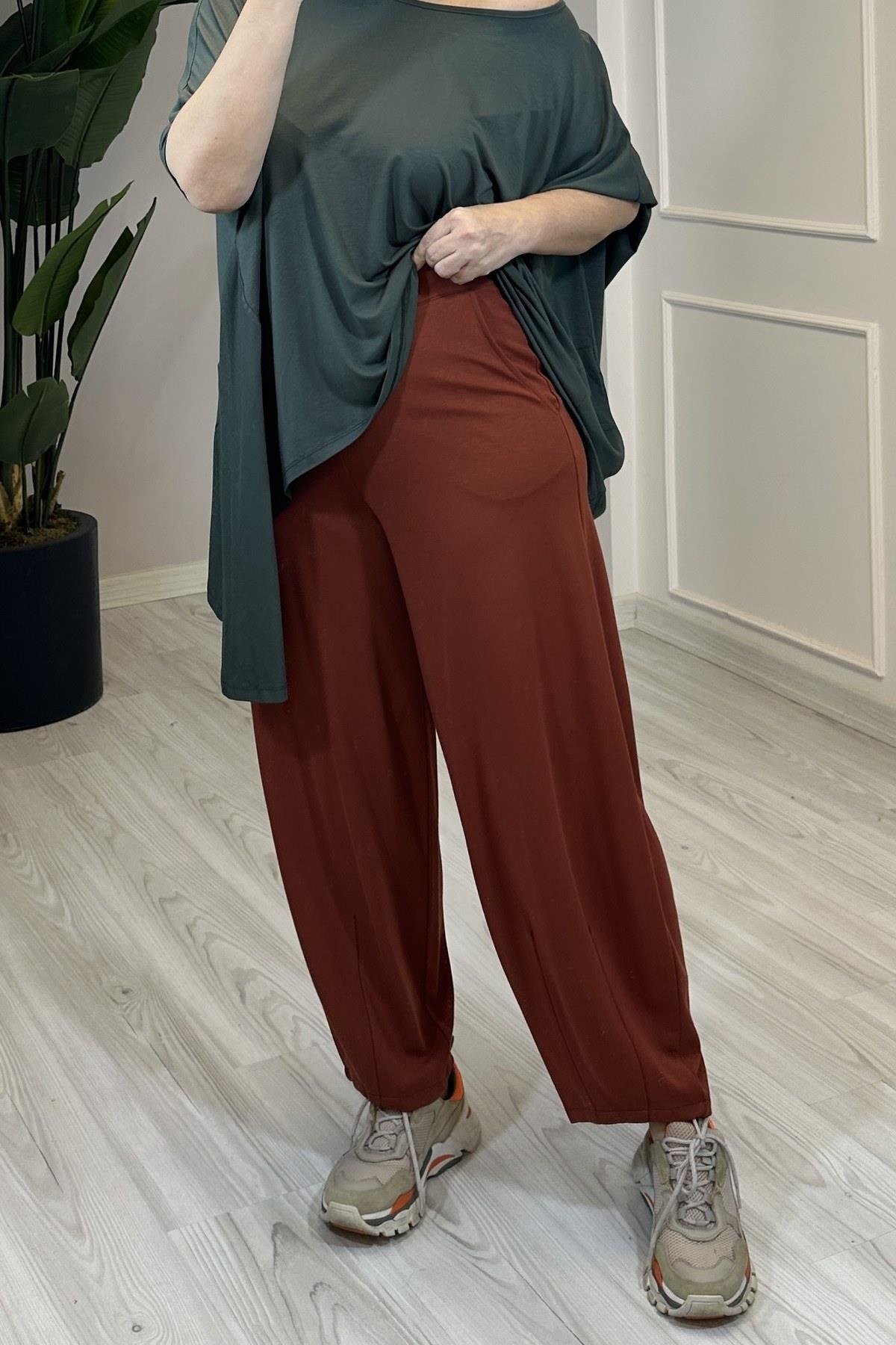 Paça Dikiş Detaylı Cepli Çelik Örme Pantolon Kiremit