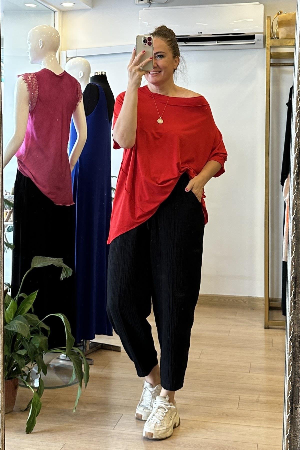 Parçalı Kısa Kol T-shirt Kırmızı