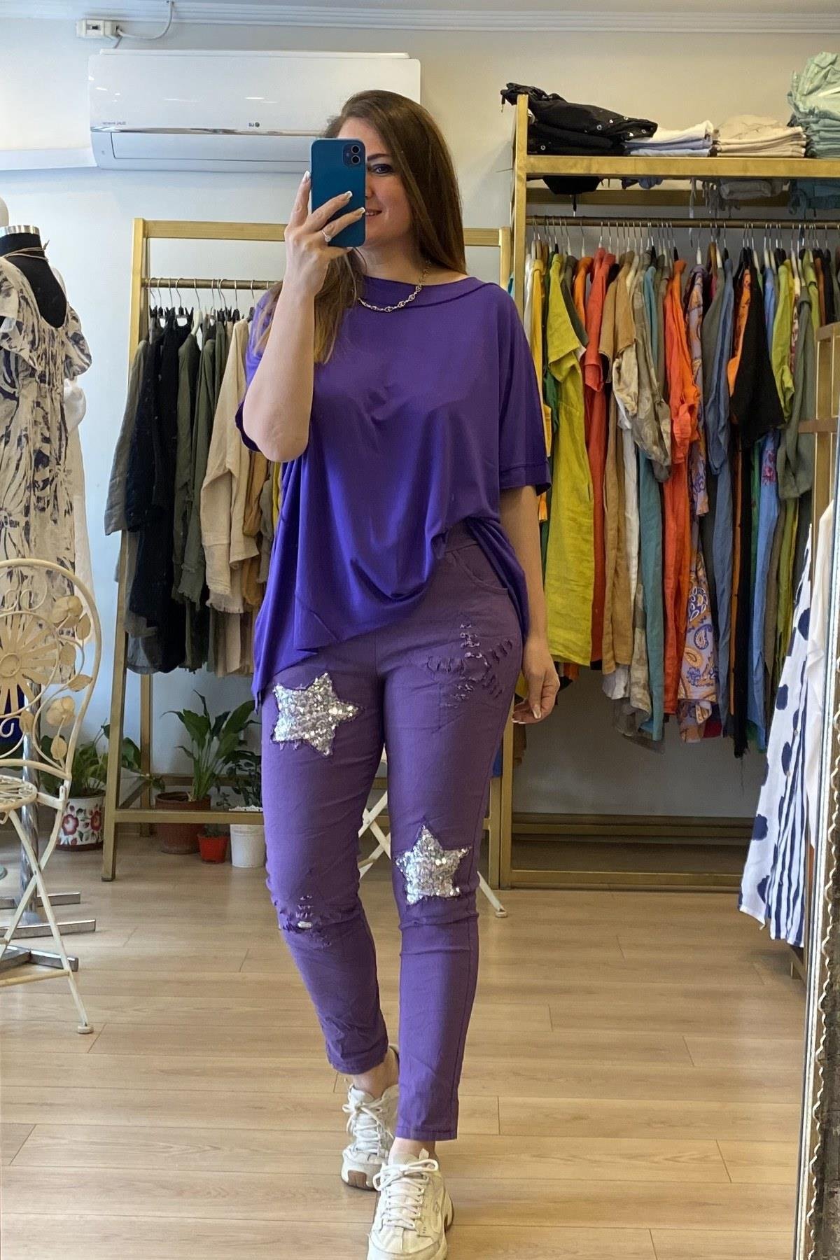 Parçalı Kısa Kol T-shirt Mor