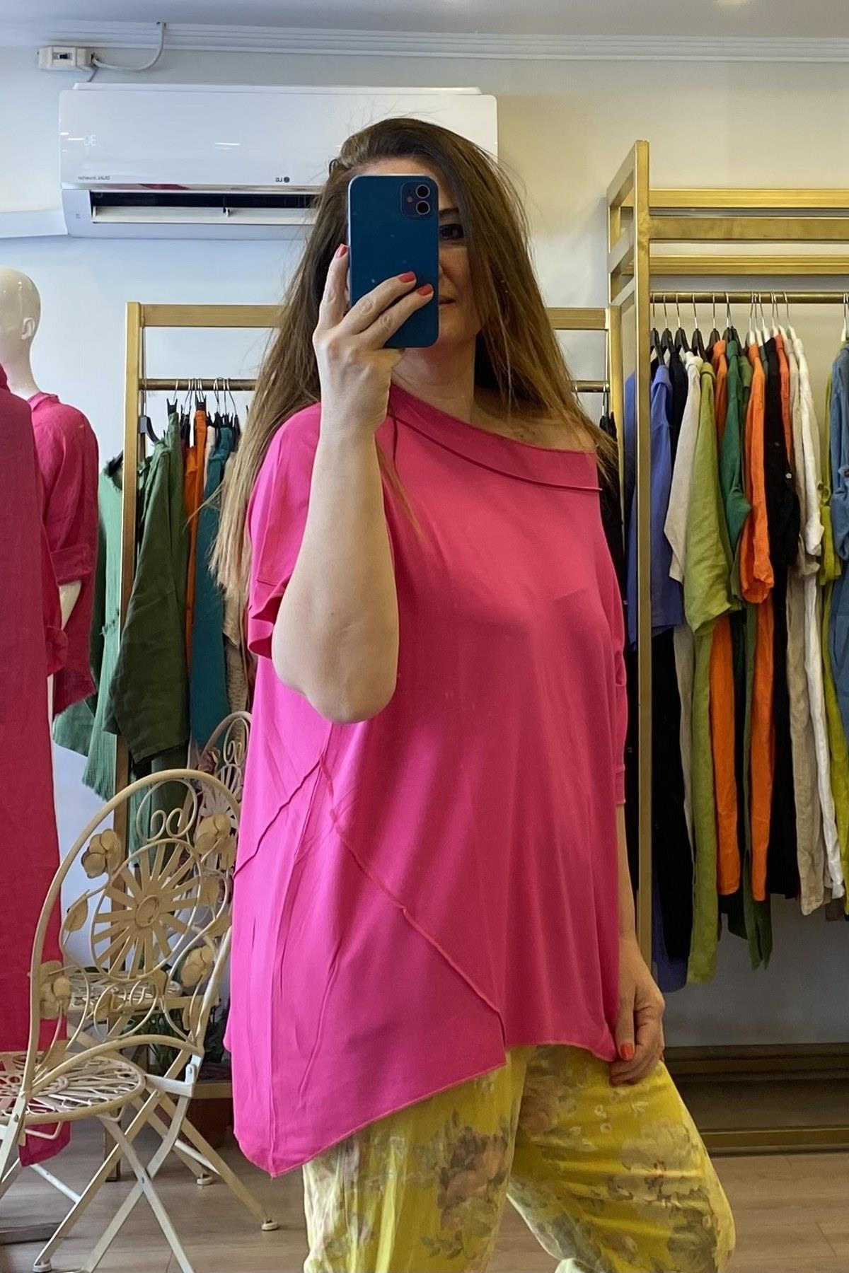 Parçalı Viskon Penye Tshirt Düşük  Kol  Pembe