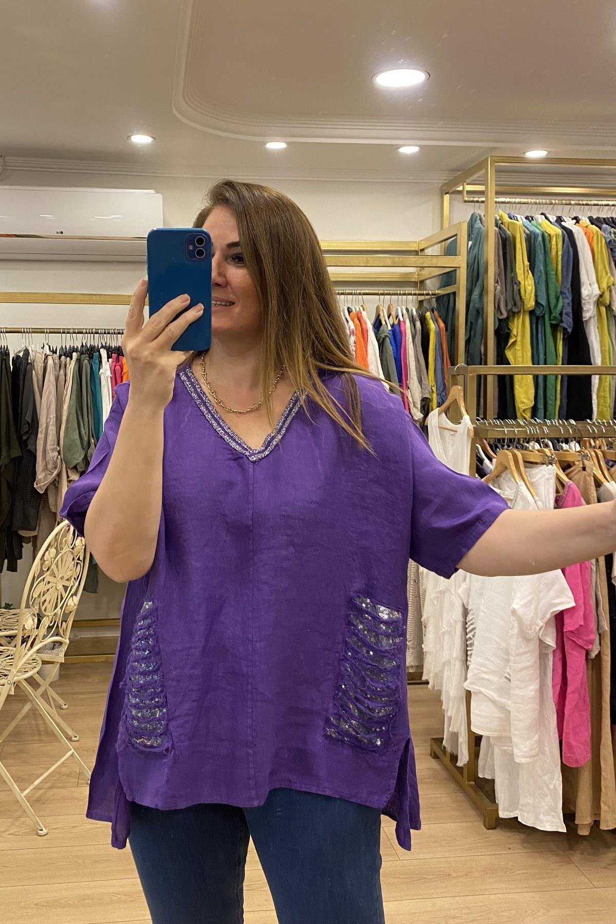 Pul Ve Yaka Sim Şerit Detaylı V Yakalı Bluz Mor