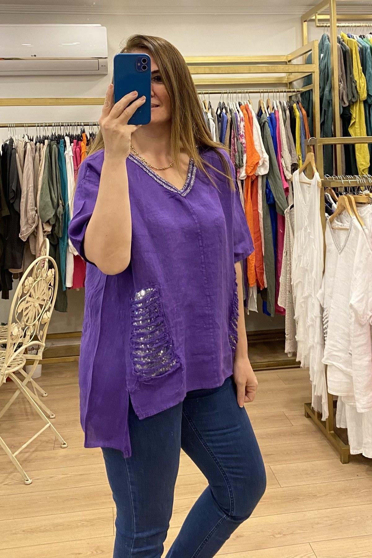 Pul Ve Yaka Sim Şerit Detaylı V Yakalı Bluz Mor